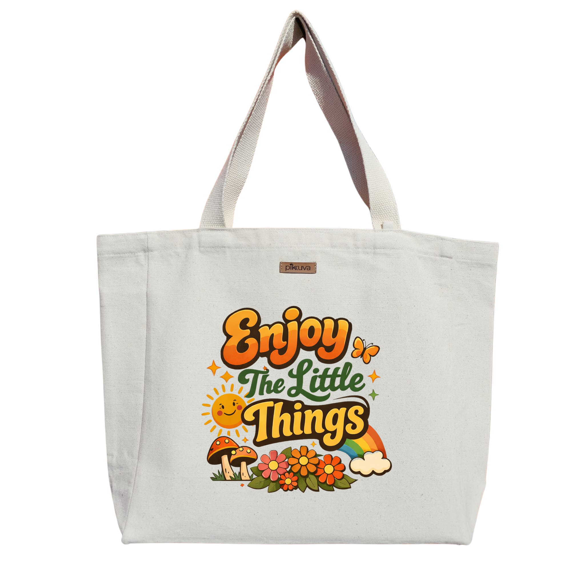 Natural Canvas Tote Bag, Natural Handle, White Velcro, Water Bottle Holder — 24x20