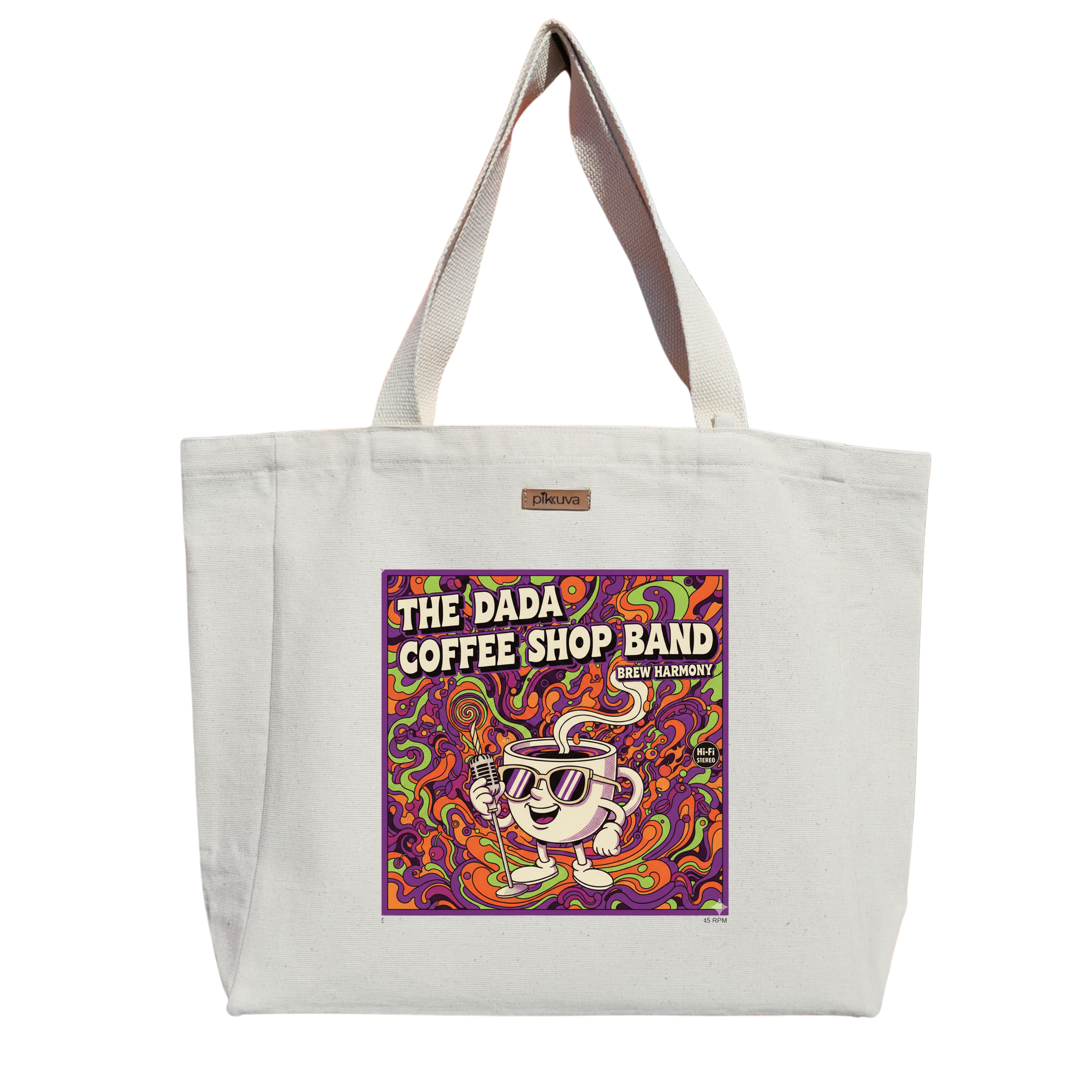 Dada Kahve Dükkanı Bandı Tasarımı THE COFFEE SHOP BAND Baskılı Naturel Kanvas Bez Çanta Sap Beyaz Cırt Cırtlı Suluk Tutuculu — 20x24