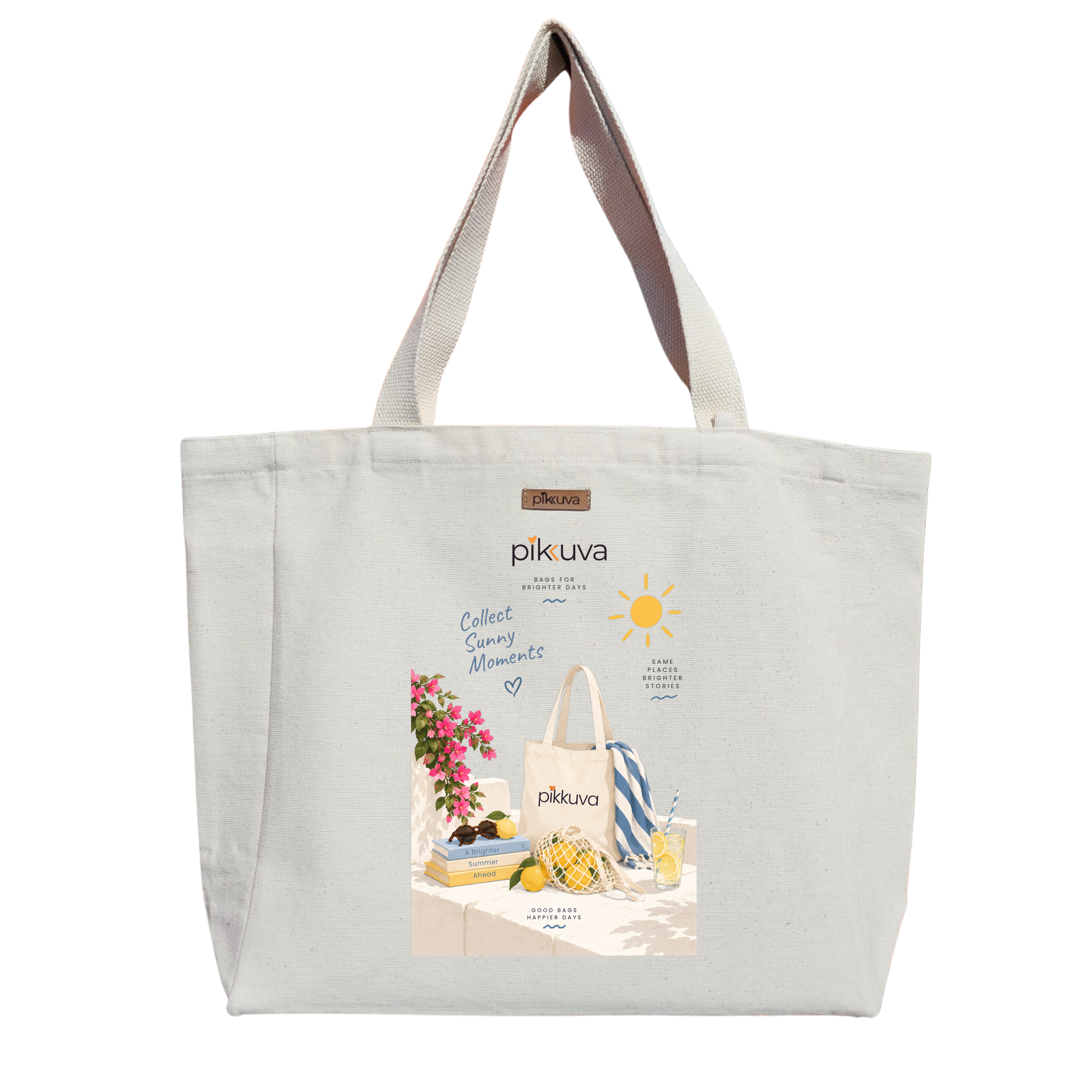 Yaz Güneşini Topla Tote Çantası Collect Sunny Moments Baskılı Naturel Kanvas Bez Çanta Sap Beyaz Cırt Cırtlı Suluk Tutuculu — 20x24
