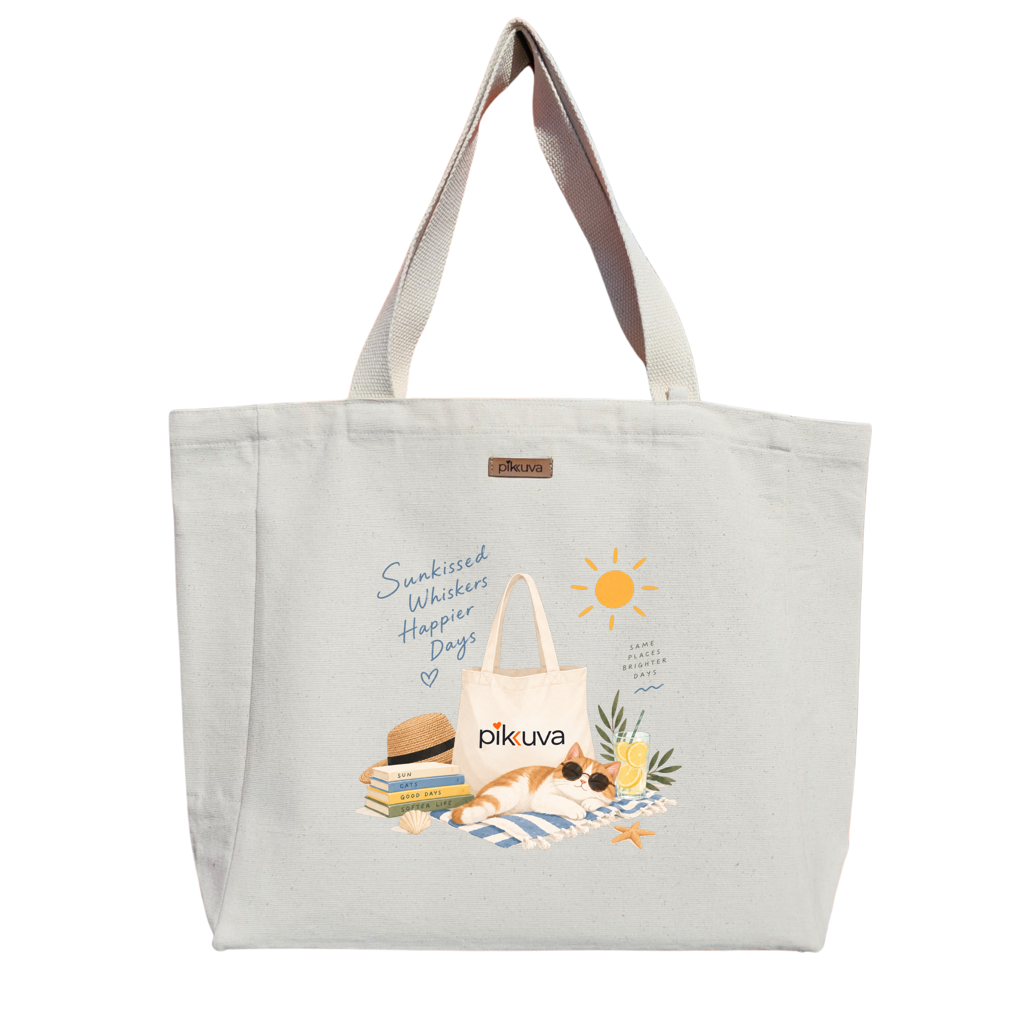 Natural Canvas Tote Bag, Natural Handle, White Velcro, Water Bottle Holder — 20x24