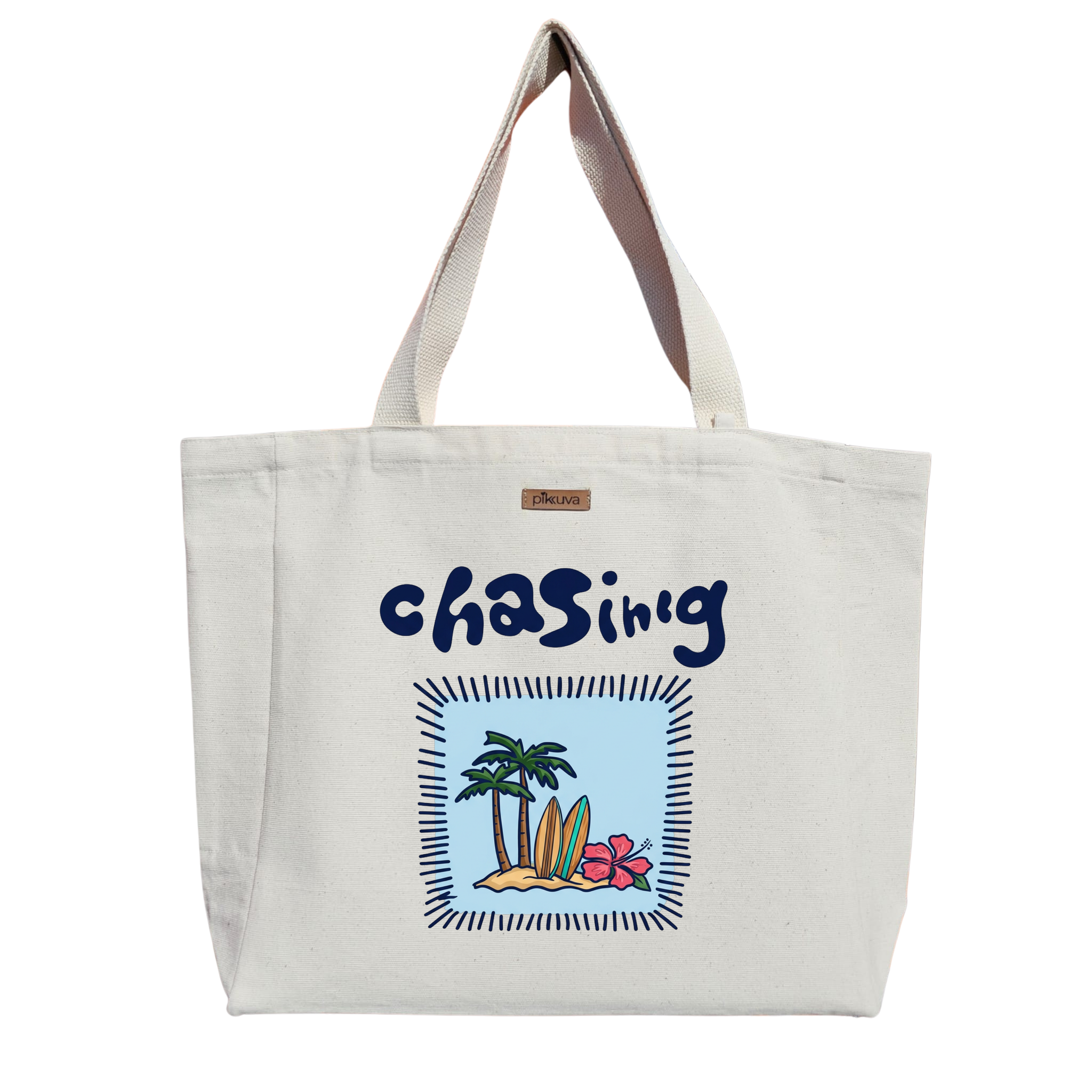 Natural Canvas Tote Bag, Natural Handle, White Velcro, Water Bottle Holder — 20x24