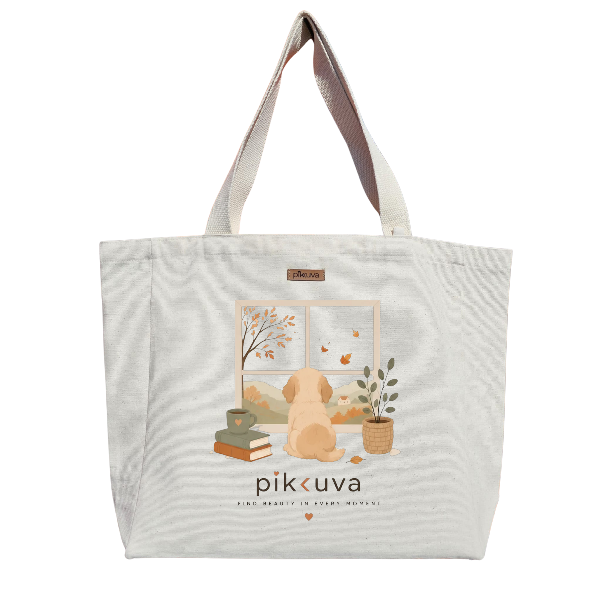 Pencereden Dışarı Bakan Sevimli Köpek find beauty in every moment Baskılıı Naturel Kanvas Bez Çanta Sap Beyaz Cırt Cırtlı Suluk Tutuculu — 20x24