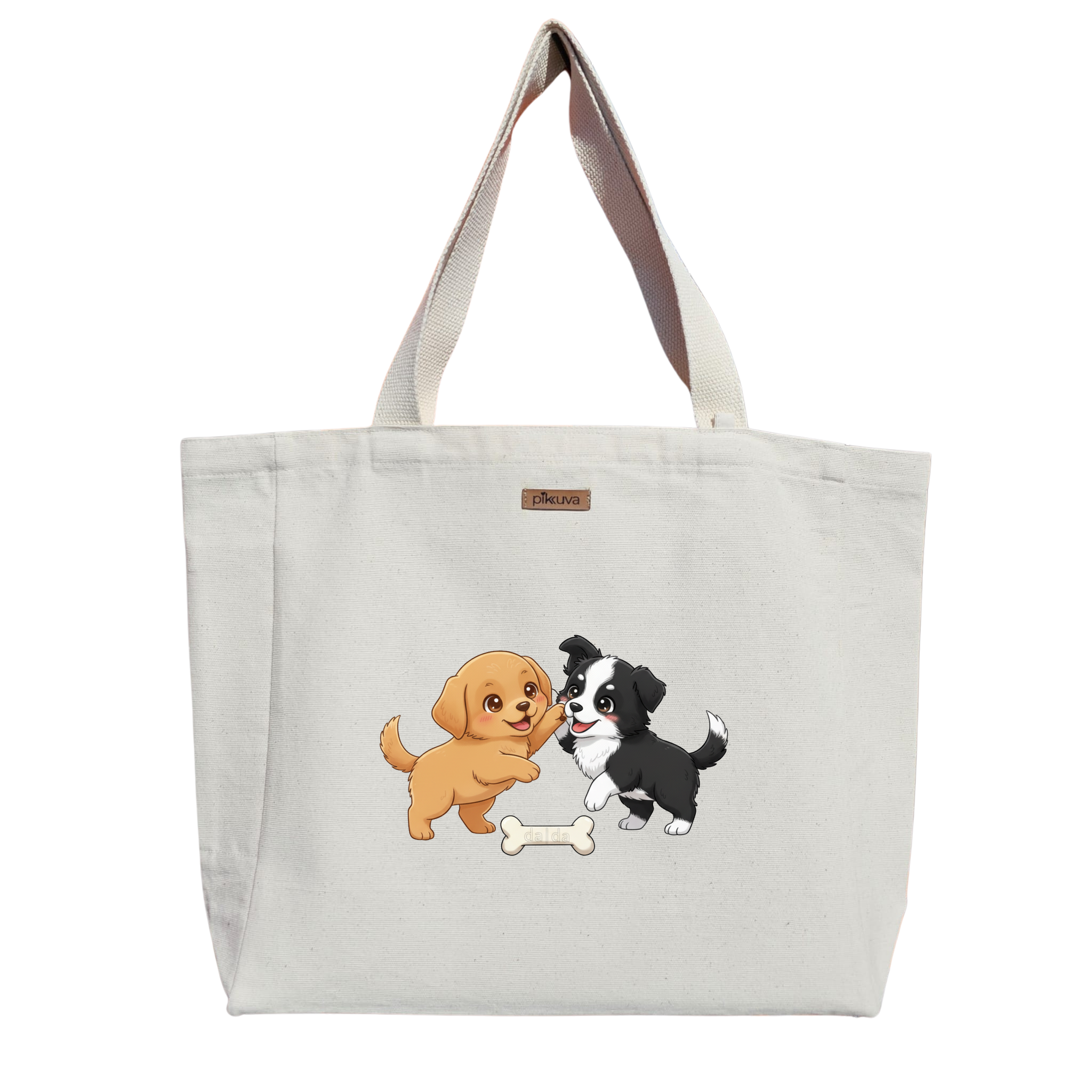 Natural Canvas Tote Bag, Natural Handle, White Velcro, Water Bottle Holder — 20x24