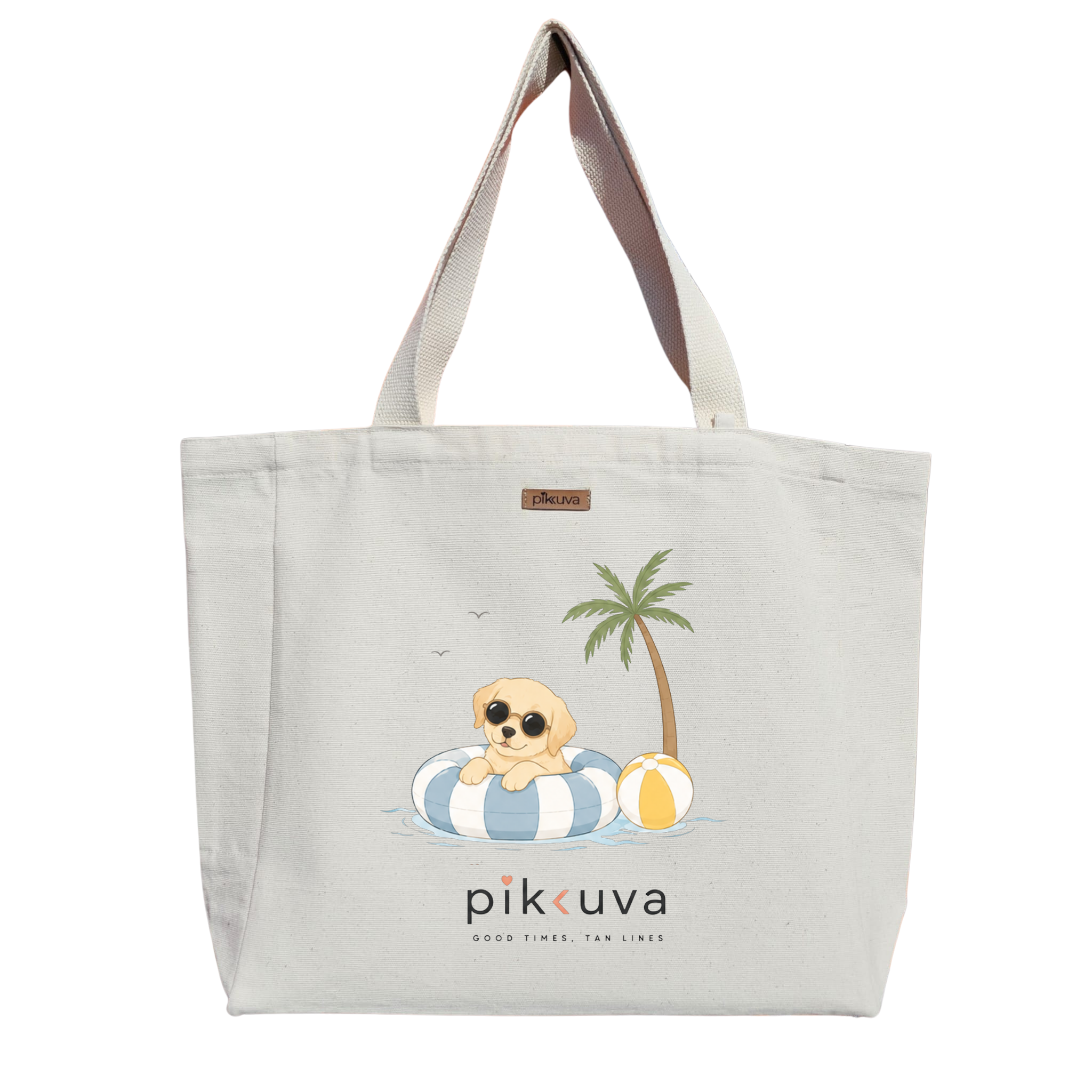 Natural Canvas Tote Bag, Natural Handle, White Velcro, Water Bottle Holder — 20x24