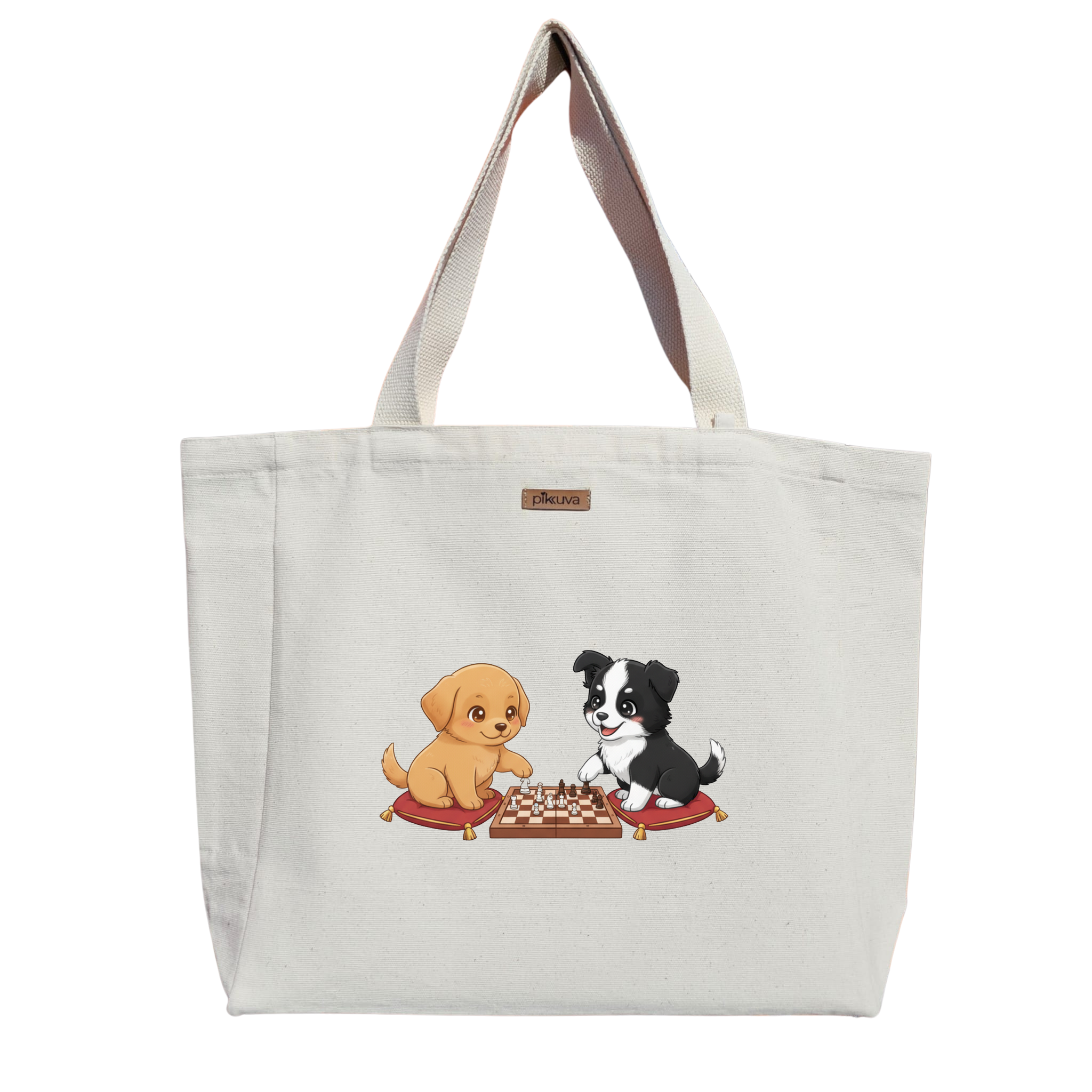 Natural Canvas Tote Bag, Natural Handle, White Velcro, Water Bottle Holder — 20x24