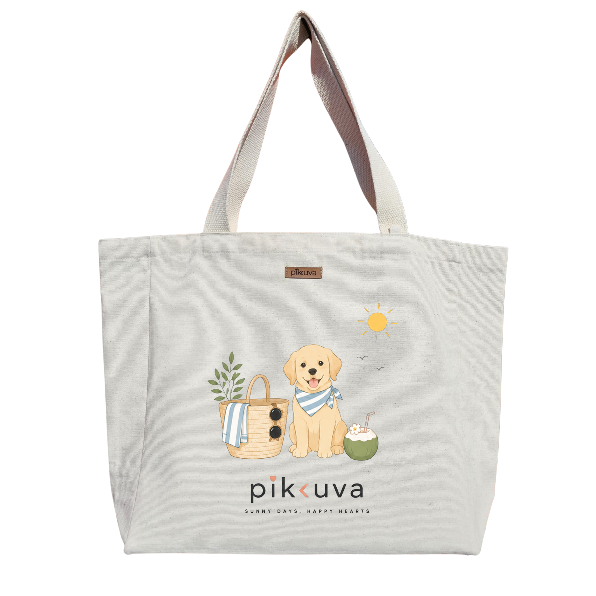 Yaz Güneşi ve Neşeli Yavru Köpek Sunny days Baskılıı Naturel Kanvas Bez Çanta Sap Beyaz Cırt Cırtlı Suluk Tutuculu — 20x24