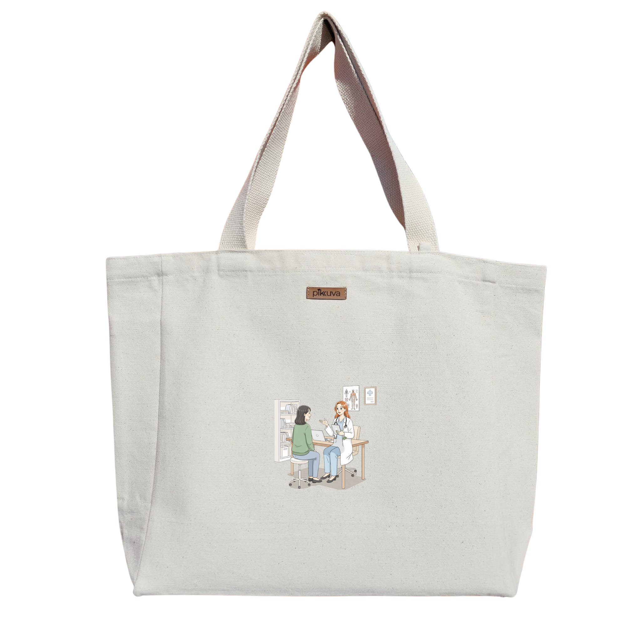 Natural Canvas Tote Bag, Natural Handle, White Velcro, Water Bottle Holder