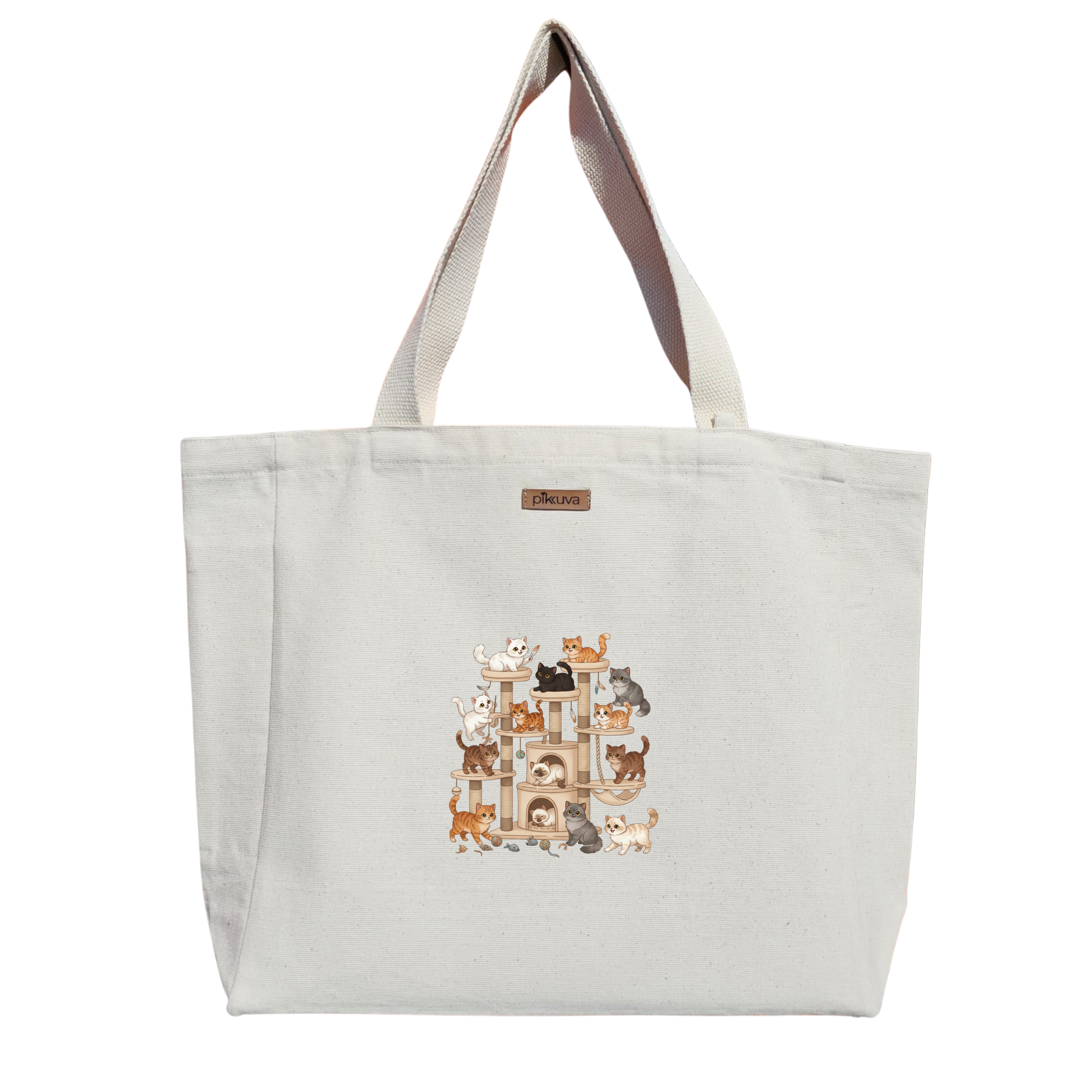 Sevimli Kedi Oyun Alanı Cute Cat Playground Baskılı Naturel Kanvas Bez Çanta Sap Beyaz Cırt Cırtlı Suluk Tutuculu — 12x20