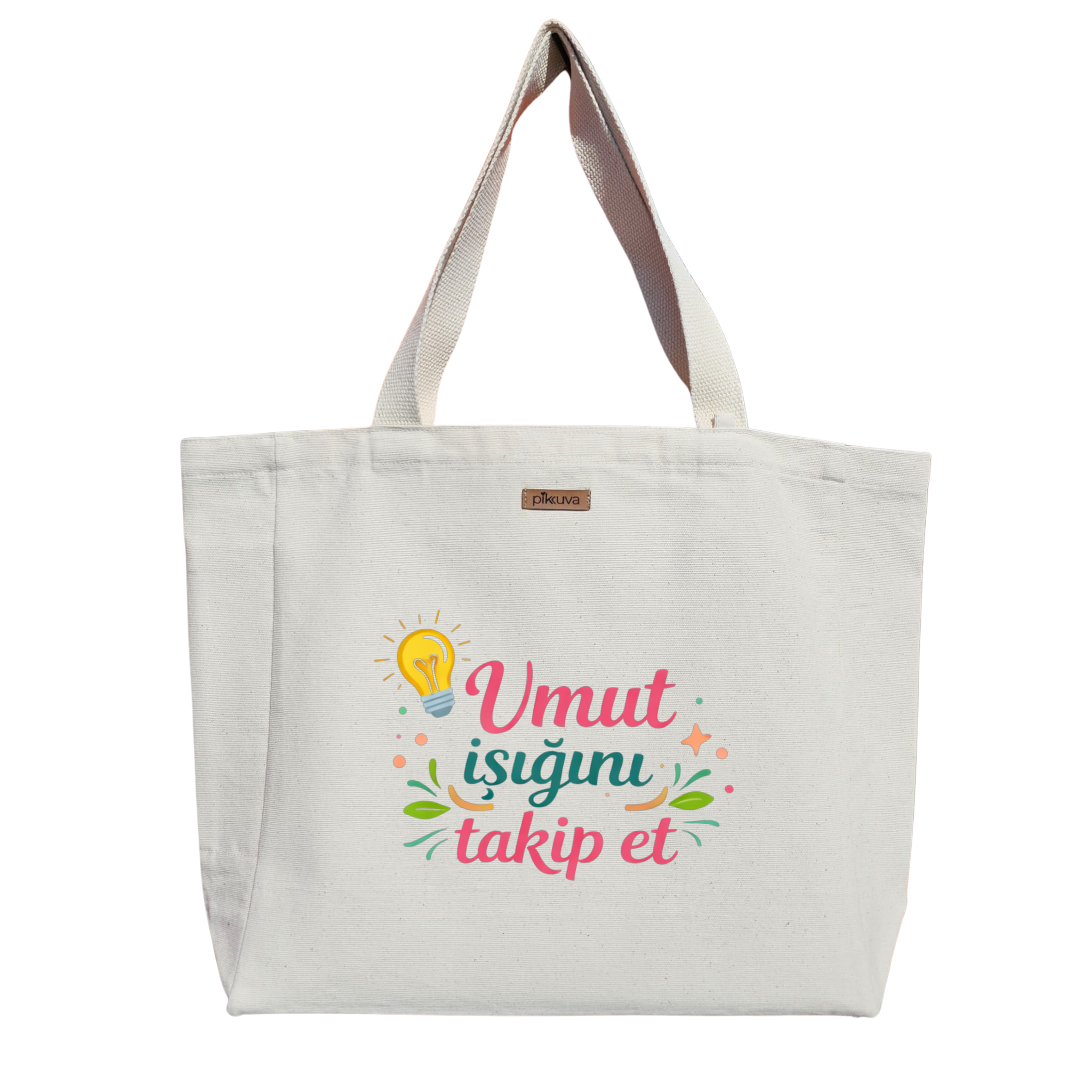 Natural Canvas Tote Bag, Natural Handle, White Velcro, Water Bottle Holder