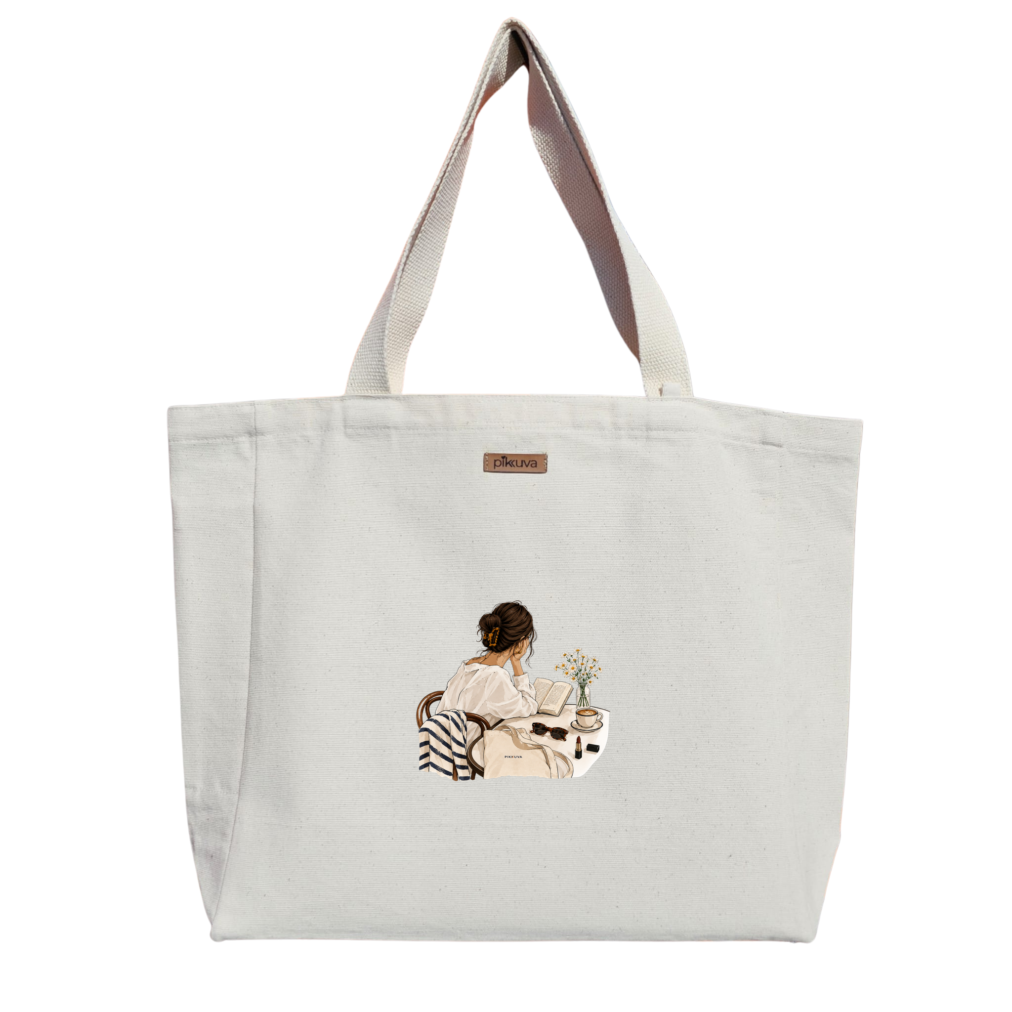 Kahve ve Kitap Keyfi Coffee and book enjoyment Baskılı Naturel Kanvas Bez Çanta Sap Beyaz Cırt Cırtlı Suluk Tutuculu — 12x20