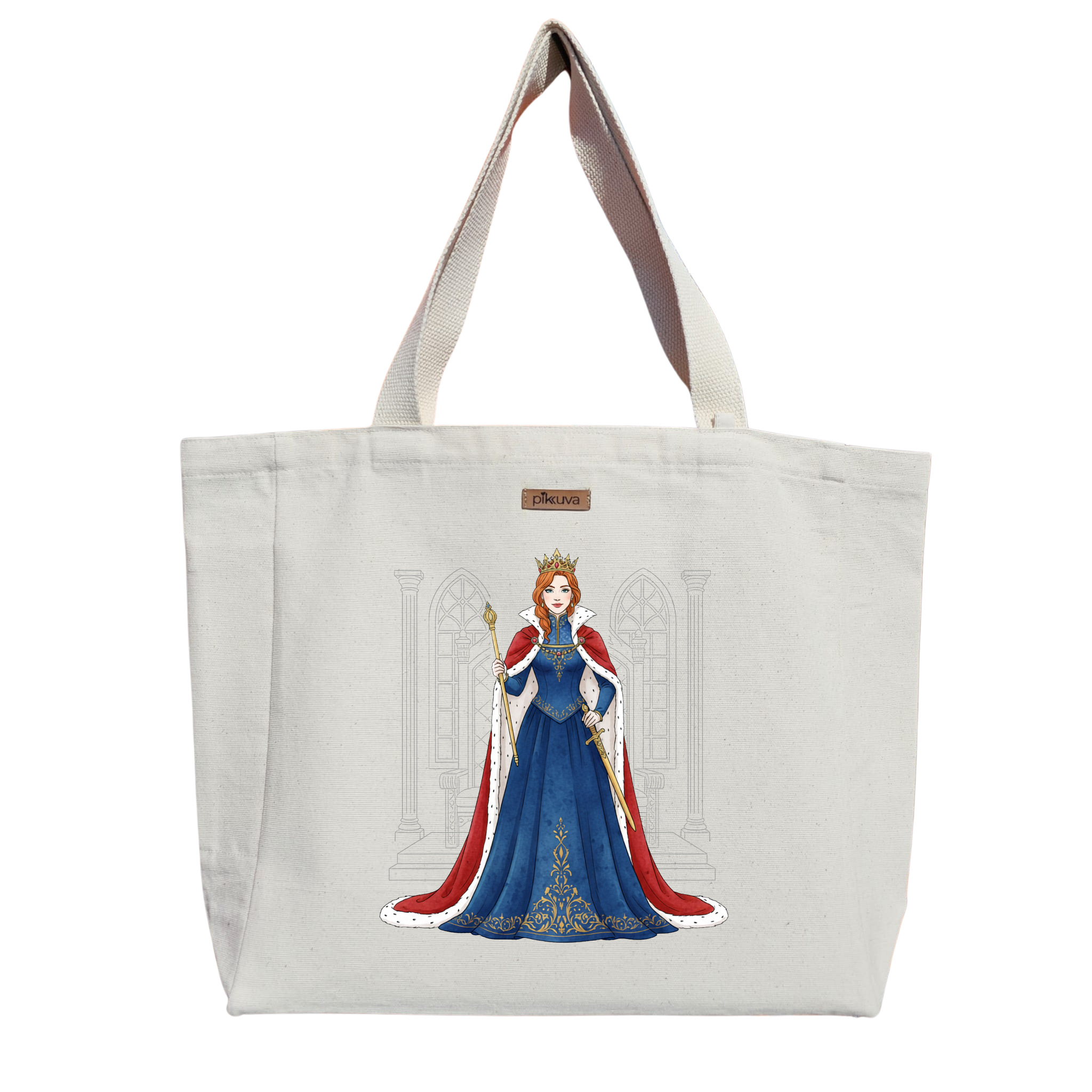 Natural Canvas Tote Bag, Natural Handle, White Velcro, Water Bottle Holder — 20x24