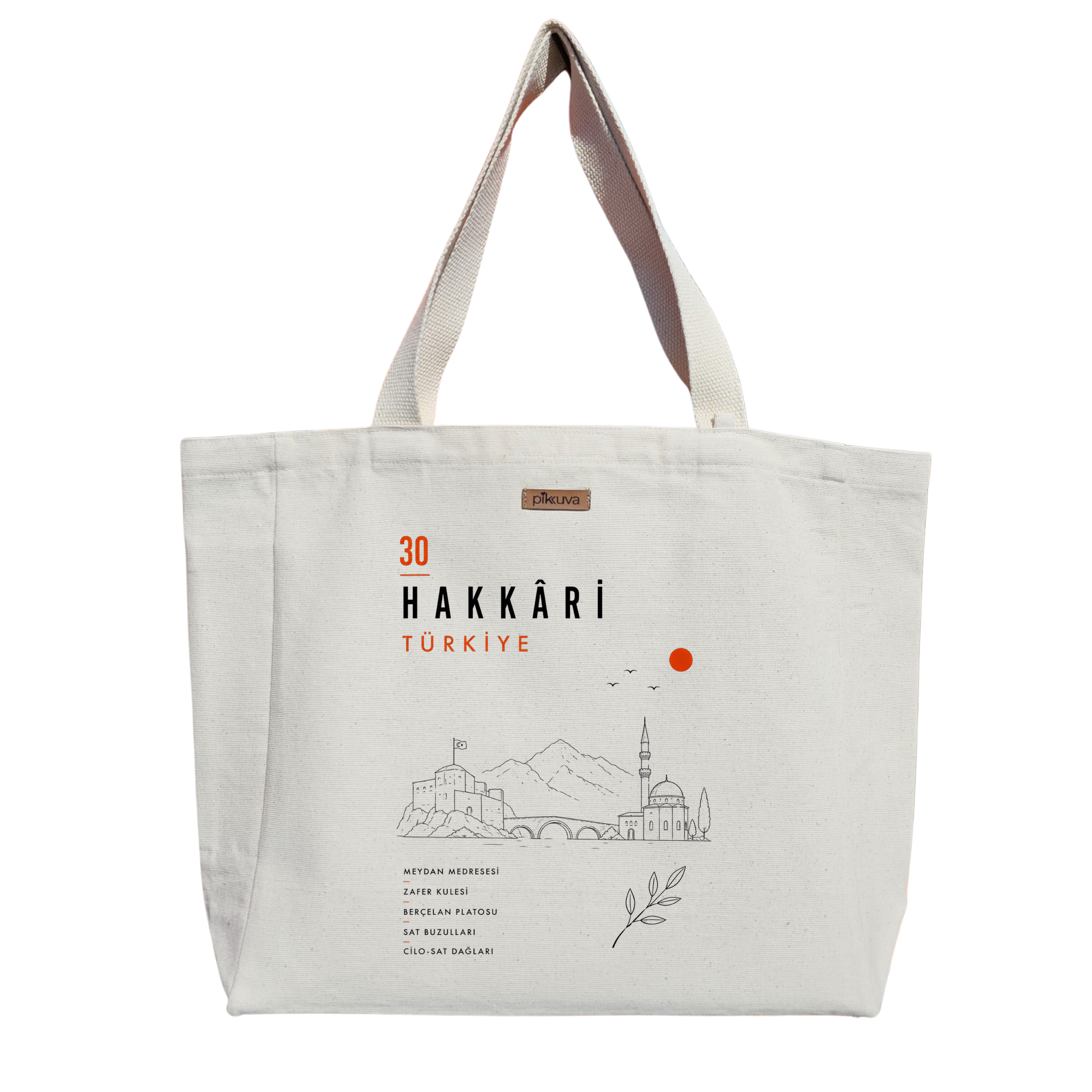 Natural Canvas Tote Bag, Natural Handle, White Velcro, Water Bottle Holder — 20x24