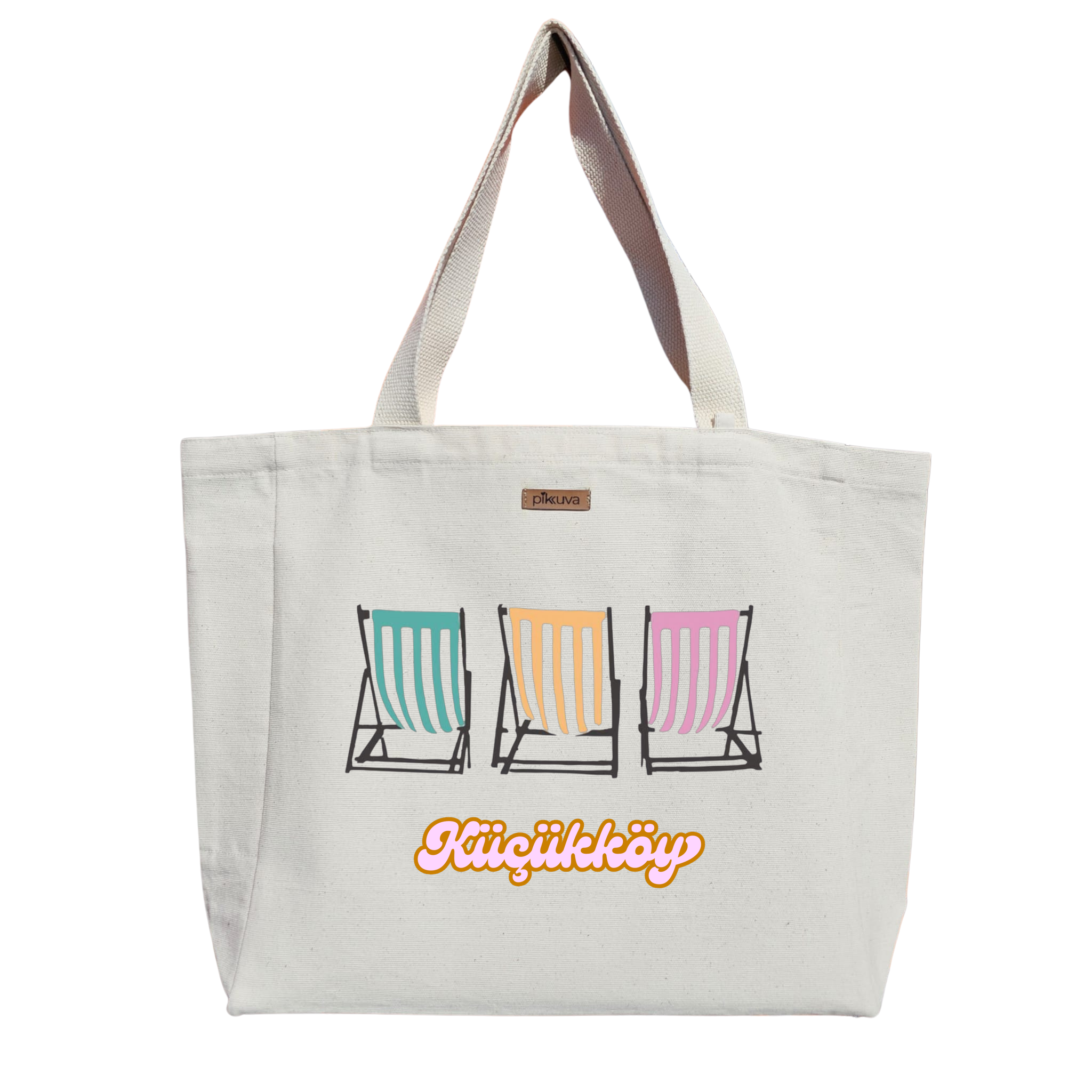 Natural Canvas Tote Bag, Natural Handle, White Velcro, Water Bottle Holder — 24x20