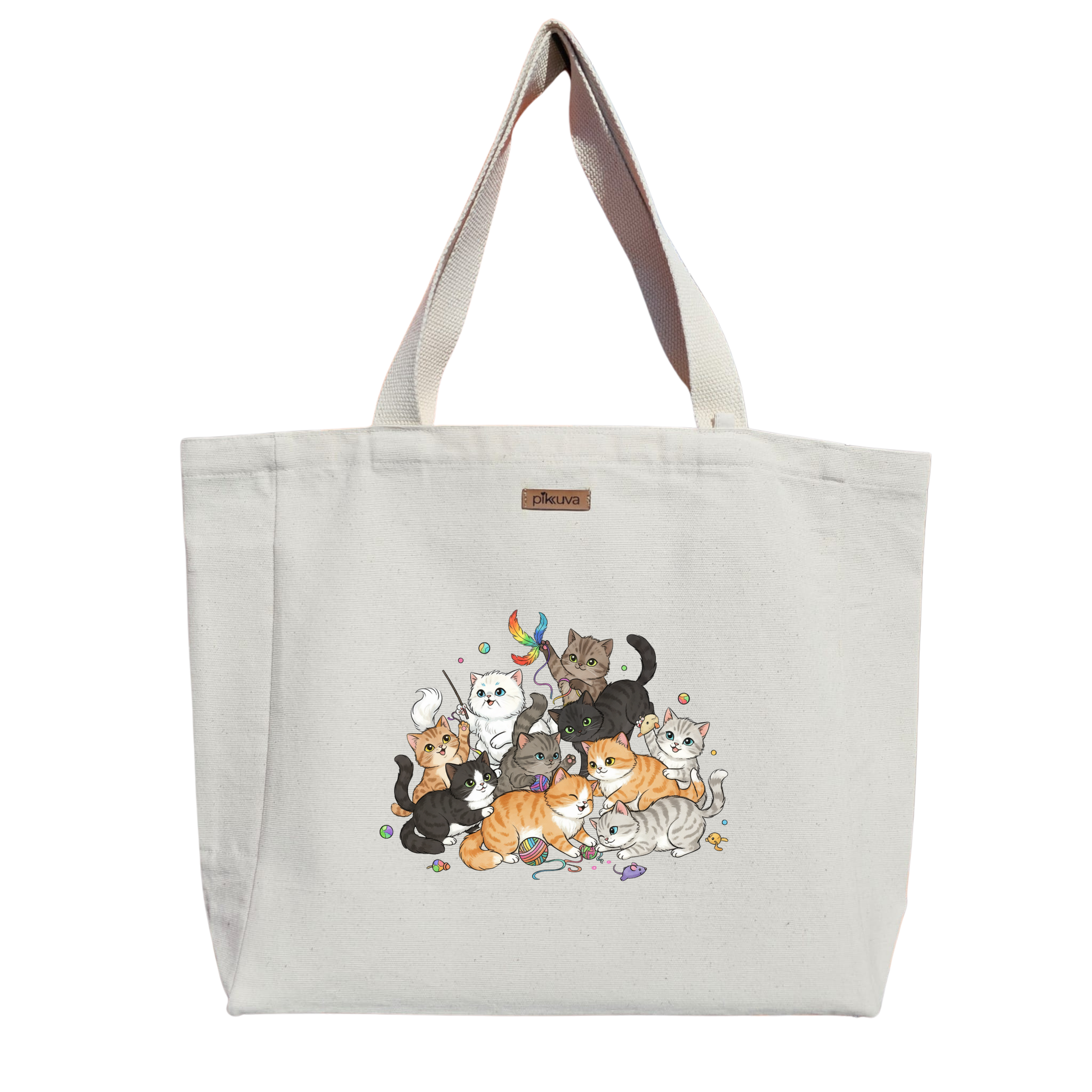 Renkli Kedi Oyunları Neşeli Grupları Colorful Cat Games Baskılı Naturel Kanvas Bez Çanta Sap Beyaz Cırt Cırtlı Suluk Tutuculu — 20x24