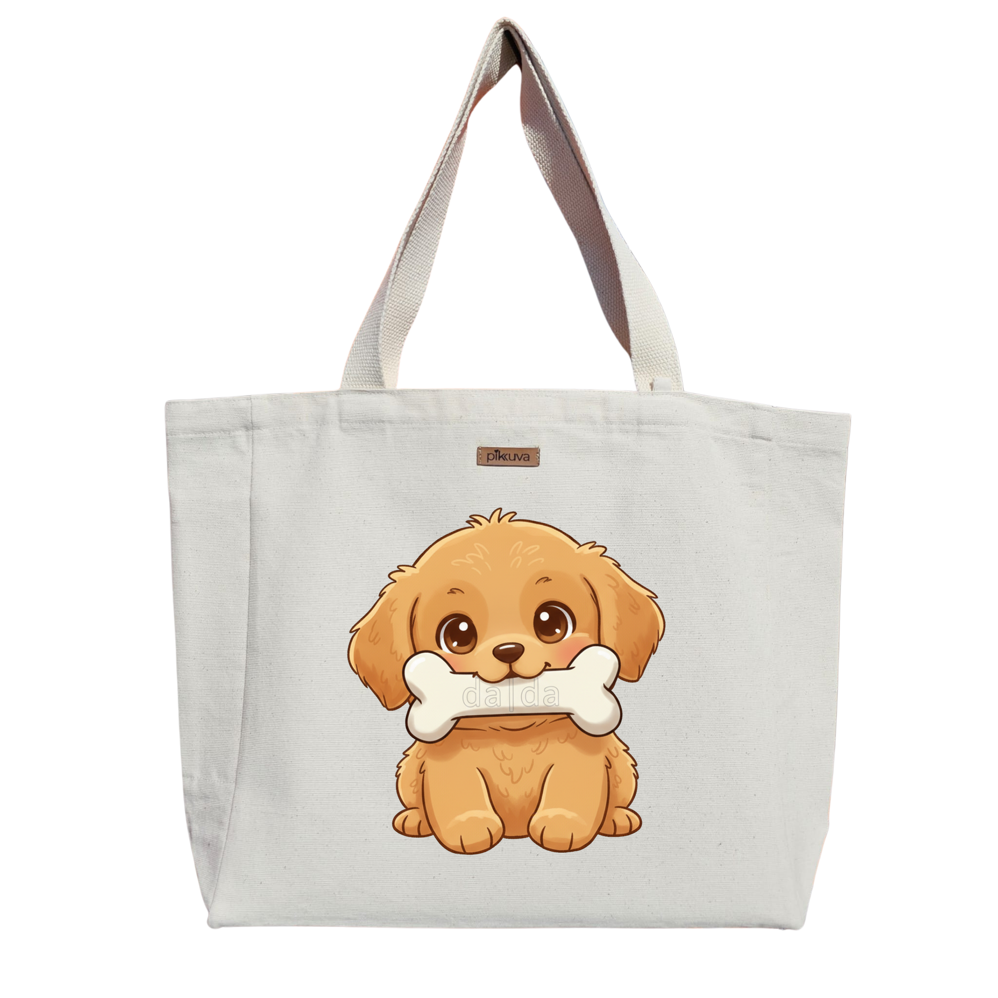 Sevimli Köpek ve Kemik Tasarımı Cute dog with a bone Baskılı Naturel Kanvas Bez Çanta Sap Beyaz Cırt Cırtlı Suluk Tutuculu — 20x24