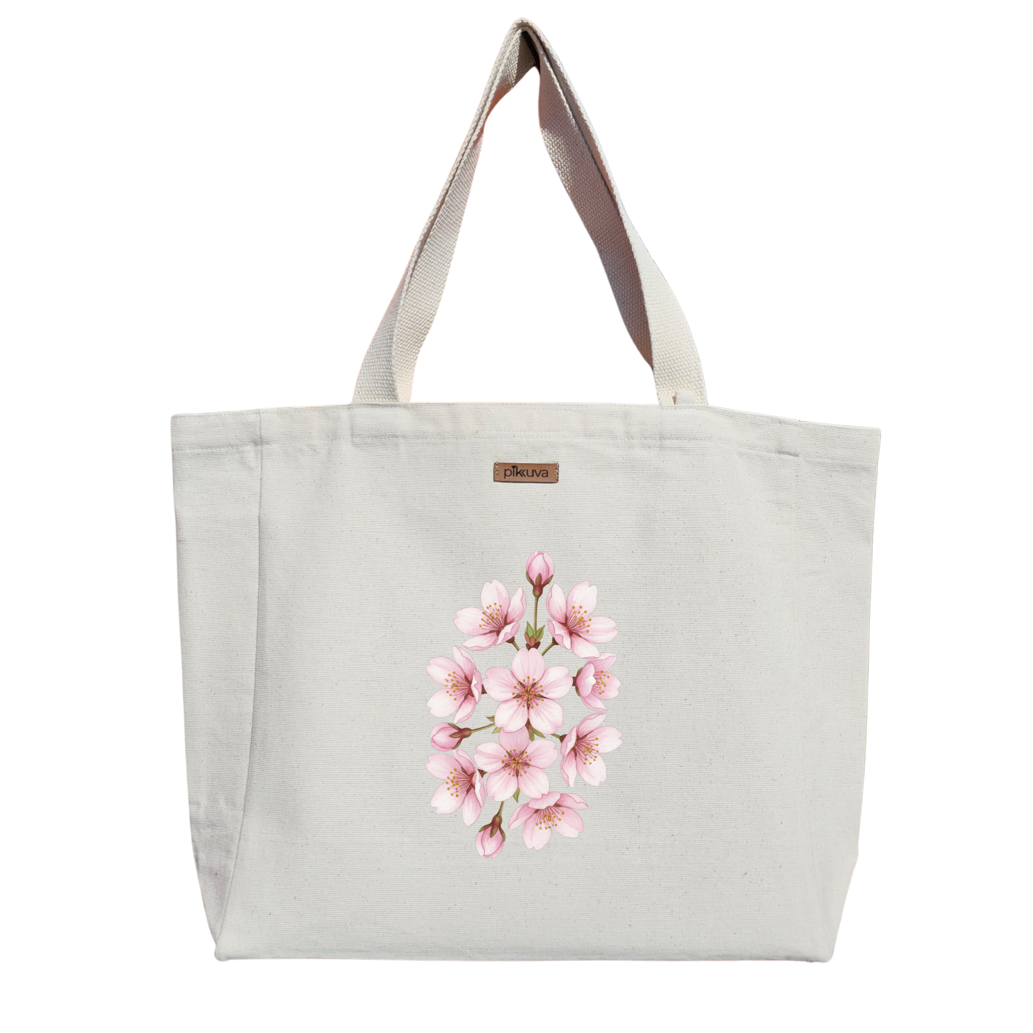 Natural Canvas Tote Bag, Natural Handle, White Velcro, Water Bottle Holder — 12x20