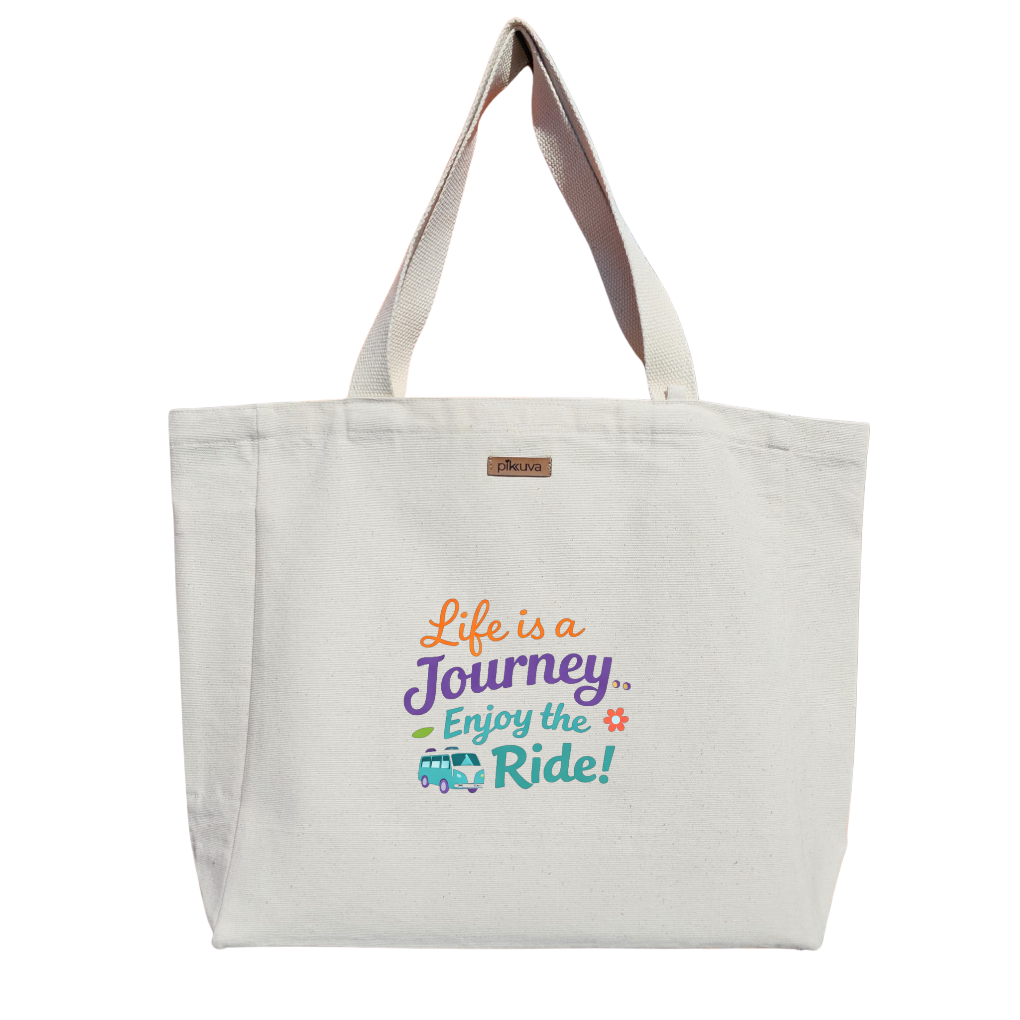 Natural Canvas Tote Bag, Natural Handle, White Velcro, Water Bottle Holder