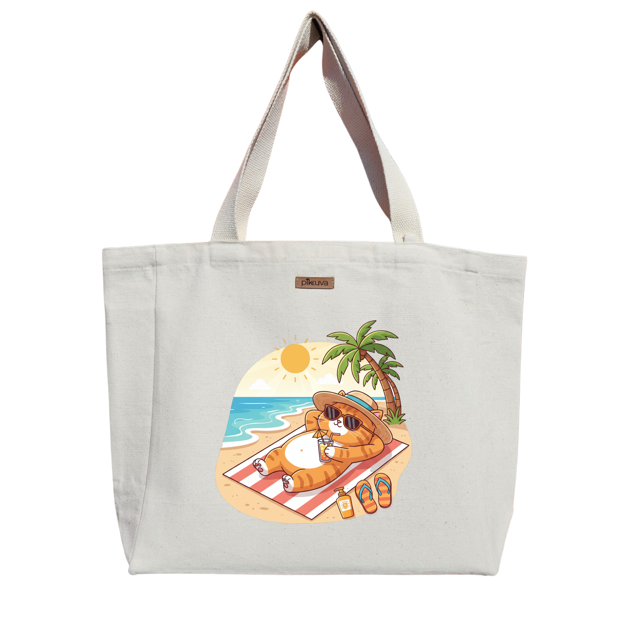 Natural Canvas Tote Bag, Natural Handle, White Velcro, Water Bottle Holder — 20x24