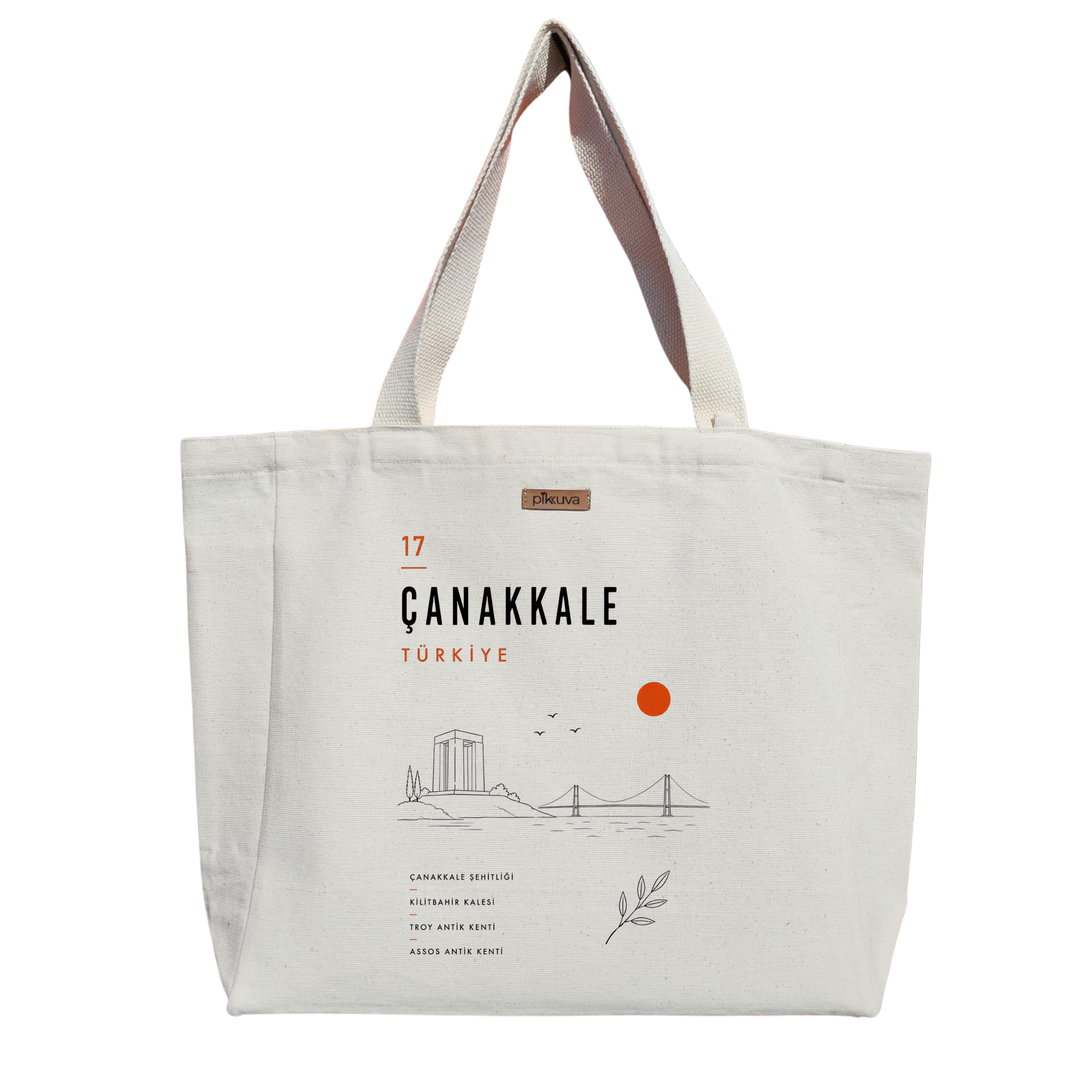 Natural Canvas Tote Bag, Natural Handle, White Velcro, Water Bottle Holder — 20x24