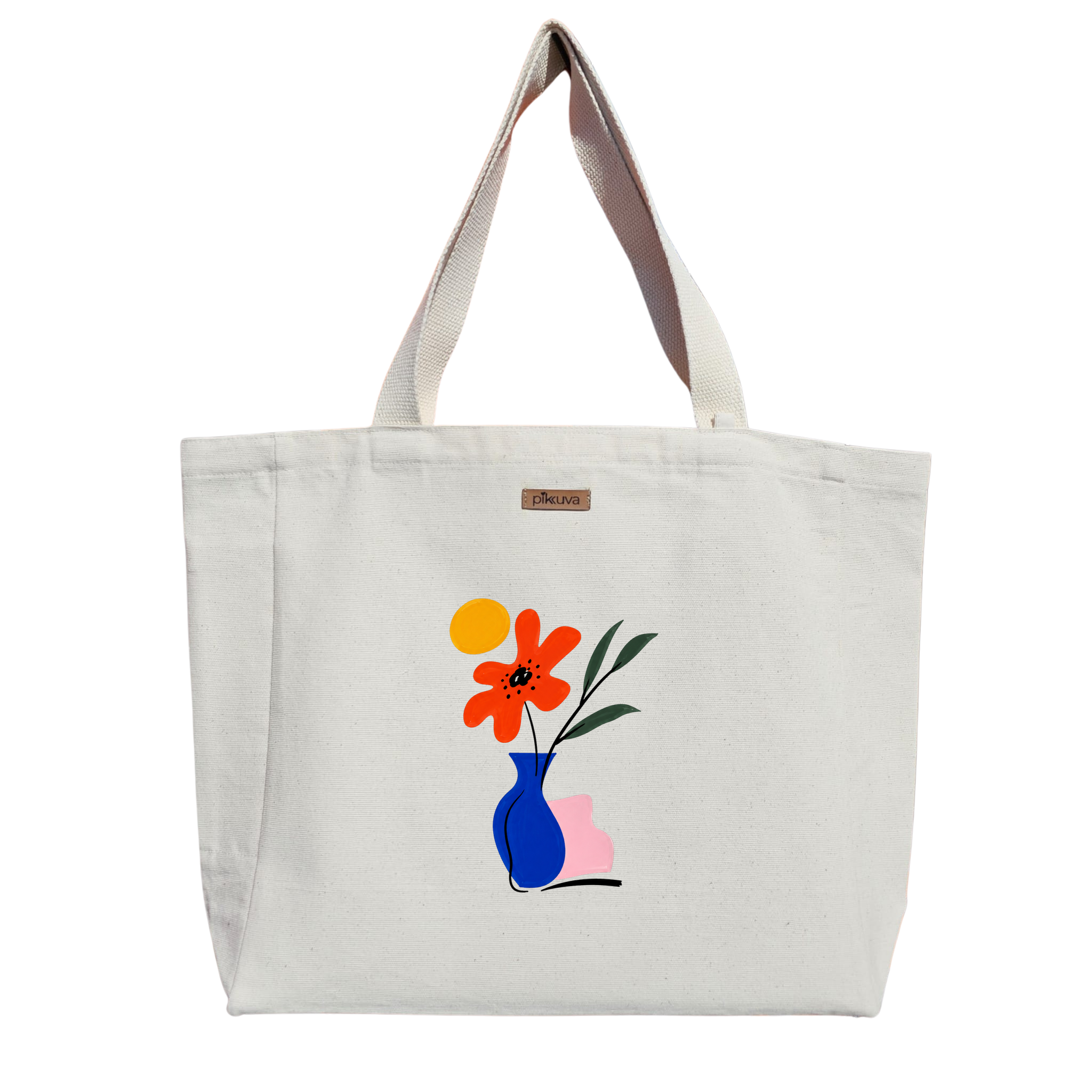 Natural Canvas Tote Bag, Natural Handle, White Velcro, Water Bottle Holder — 12x20