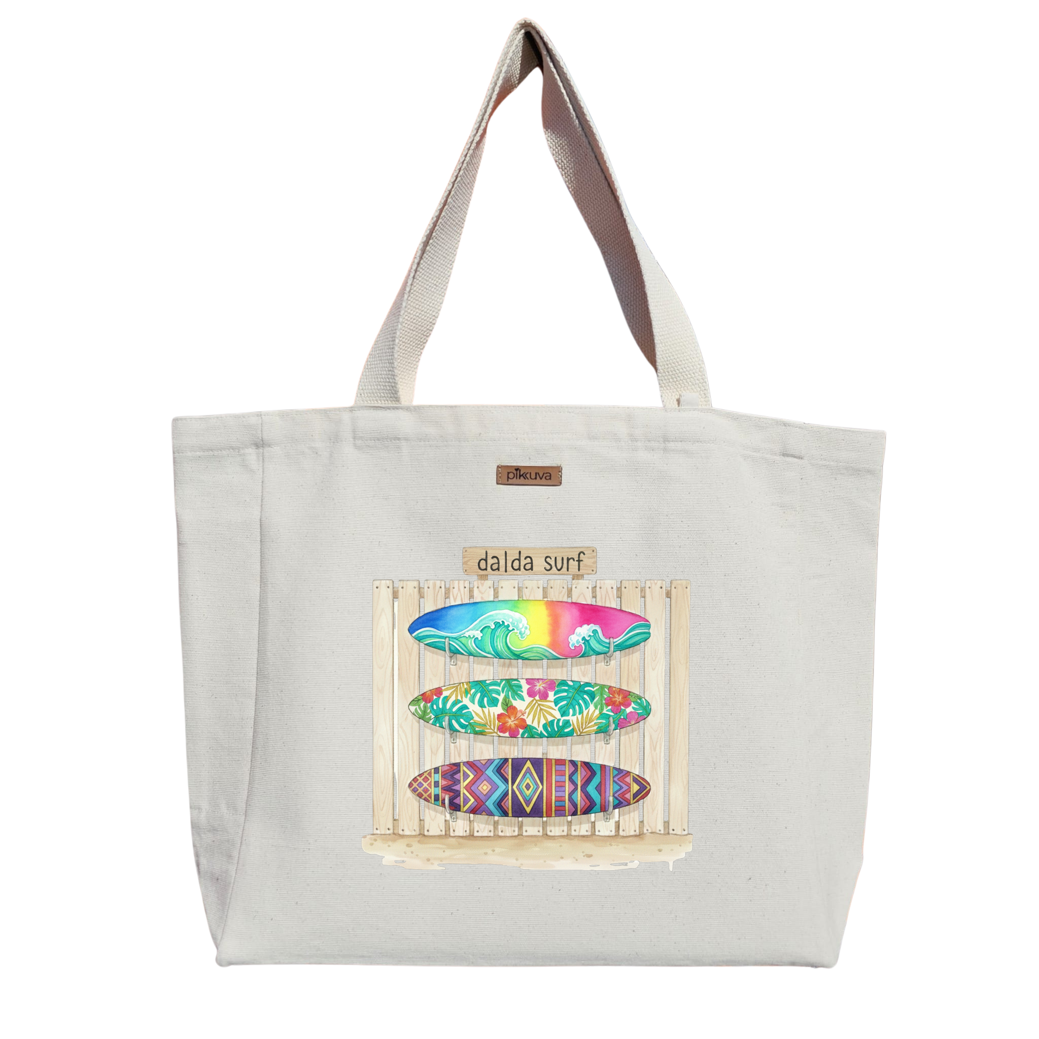 Natural Canvas Tote Bag, Natural Handle, White Velcro, Water Bottle Holder — 20x24