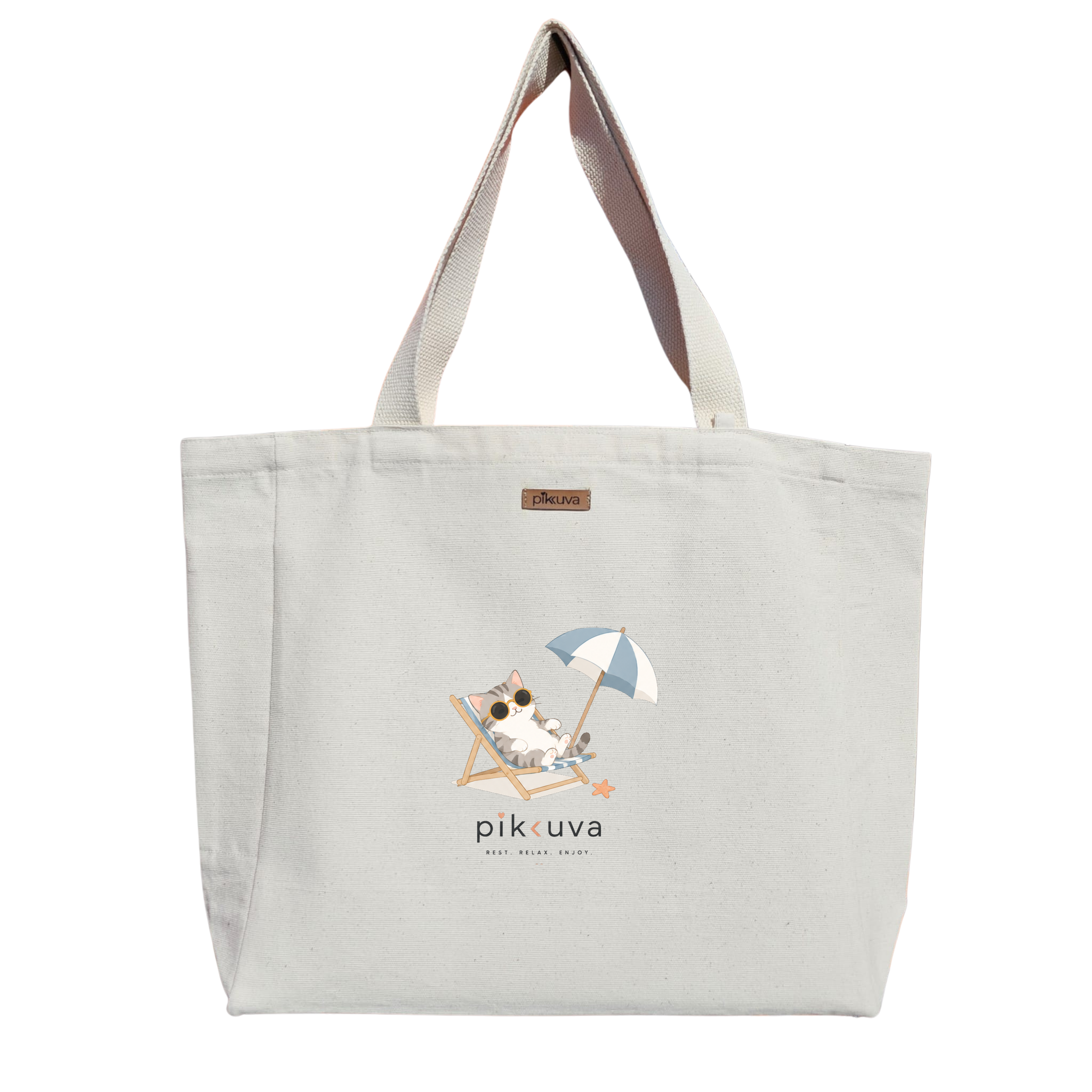 Natural Canvas Tote Bag, Natural Handle, White Velcro, Water Bottle Holder — 12x20