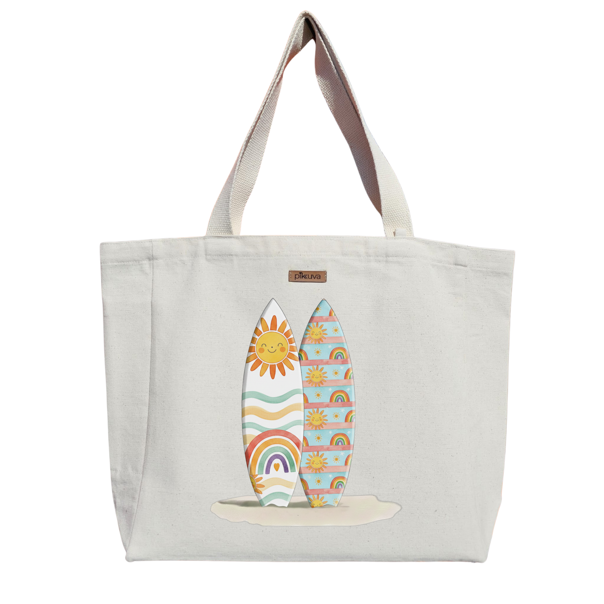 Güneşli Dalgalar ve Gökkuşağı Temalı Surf Tahtası Sunny waves and rainbow themed surfboard Baskılı Naturel Kanvas Bez Çanta Sap Beyaz Cırt Cırtlı Suluk Tutuculu — 20x24