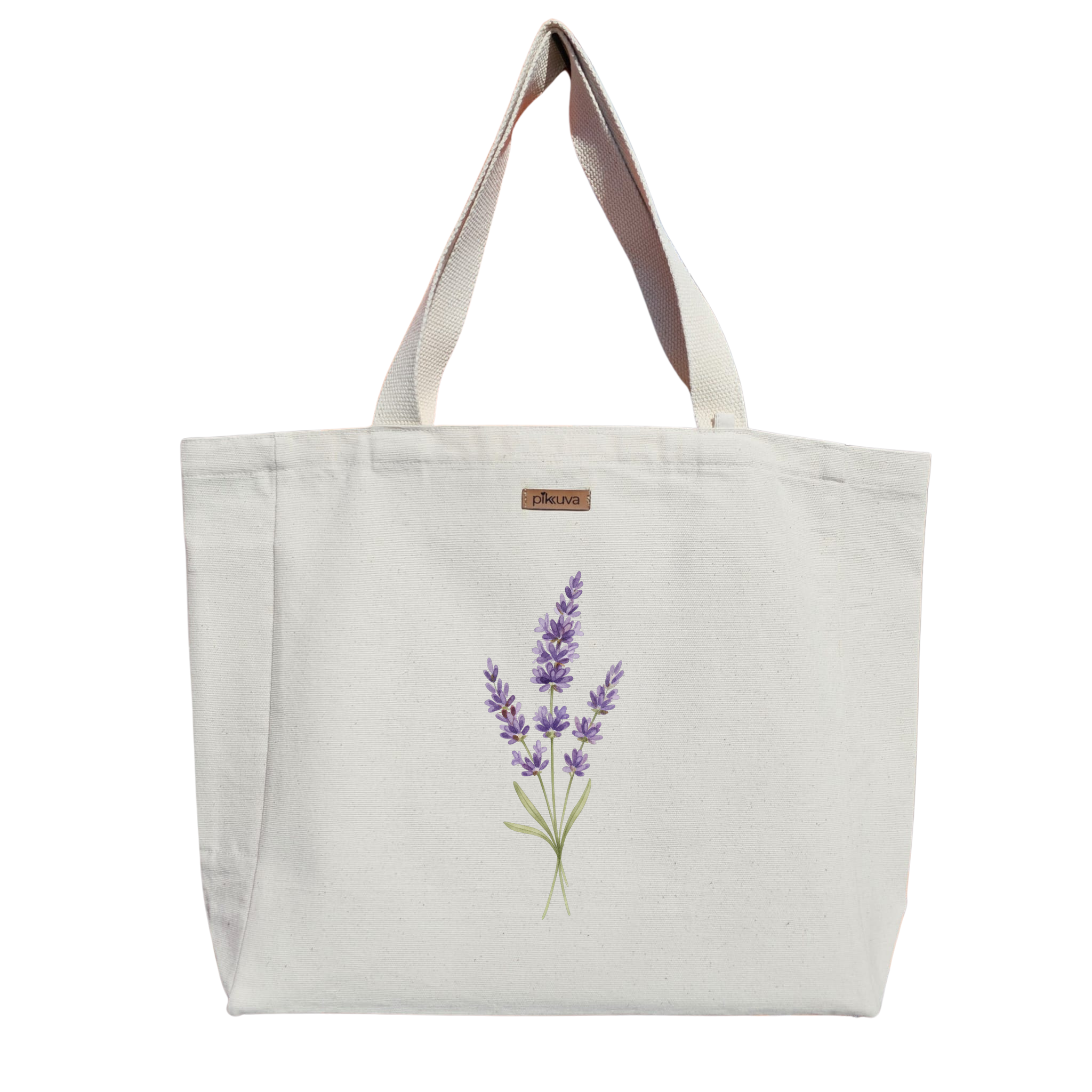 Natural Canvas Tote Bag, Natural Handle, White Velcro, Water Bottle Holder — 12x20