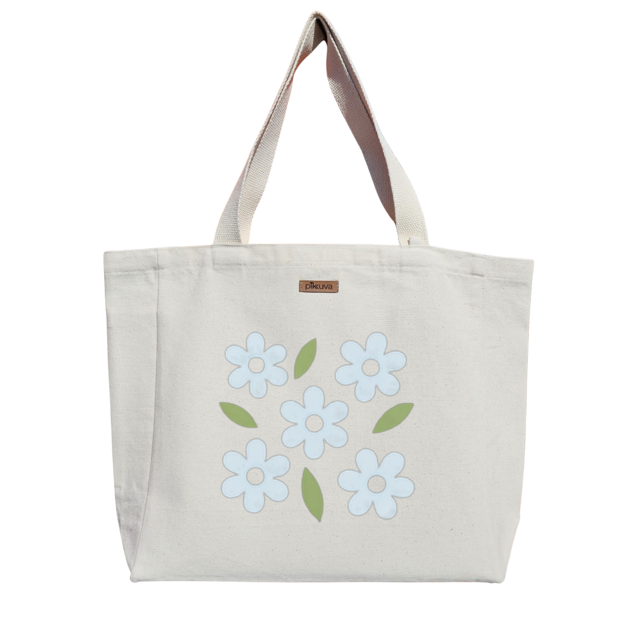 Beyaz Çiçekler ve Yeşil Yapraklar Deseni White flowers Baskılıı Naturel Kanvas Bez Çanta Sap Cırt Cırtlı Suluk Tutuculu — 20x24