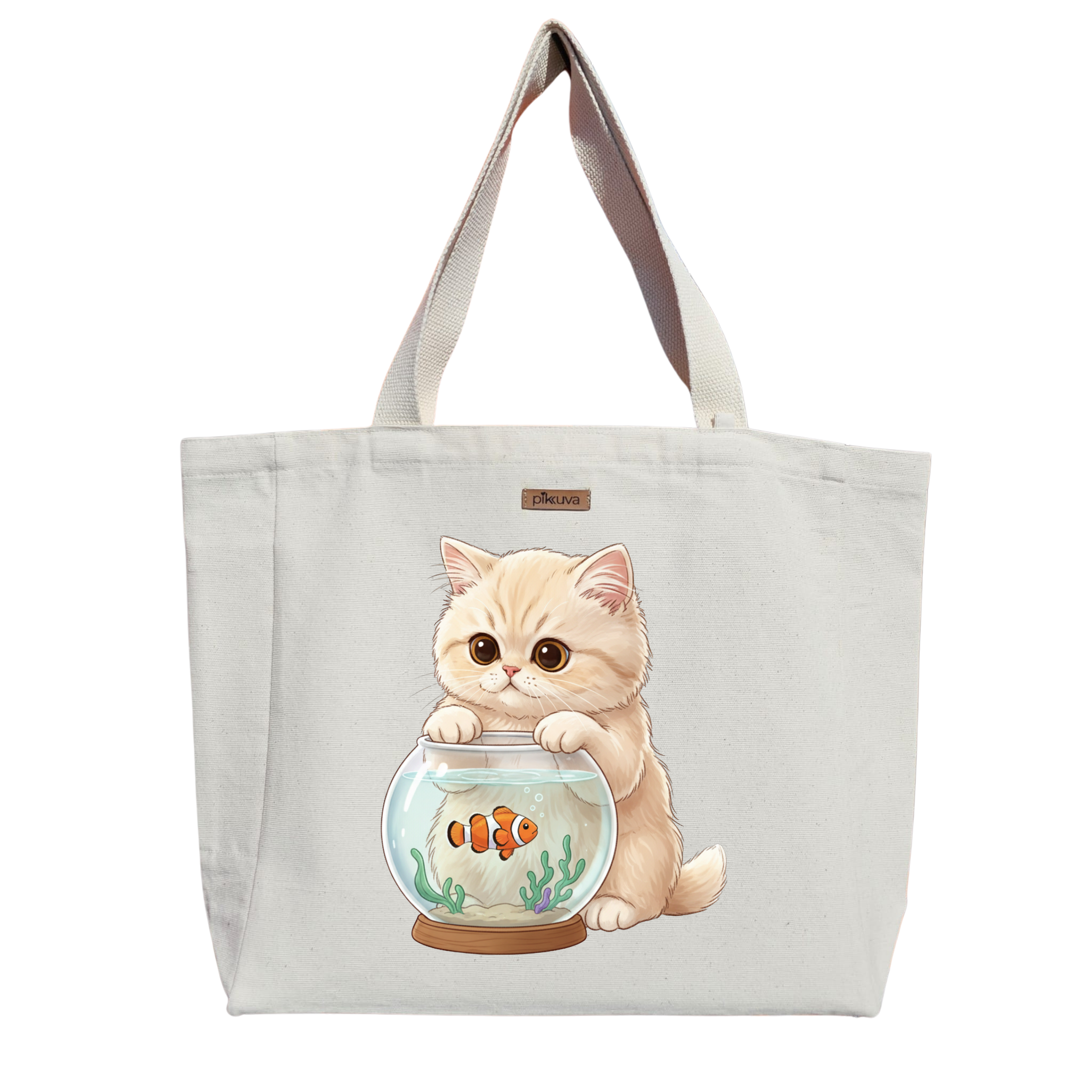 Sevimli Kedi ve Balık Cute cat and fish Baskılı Naturel Kanvas Bez Çanta Sap Beyaz Cırt Cırtlı Suluk Tutuculu — 20x24