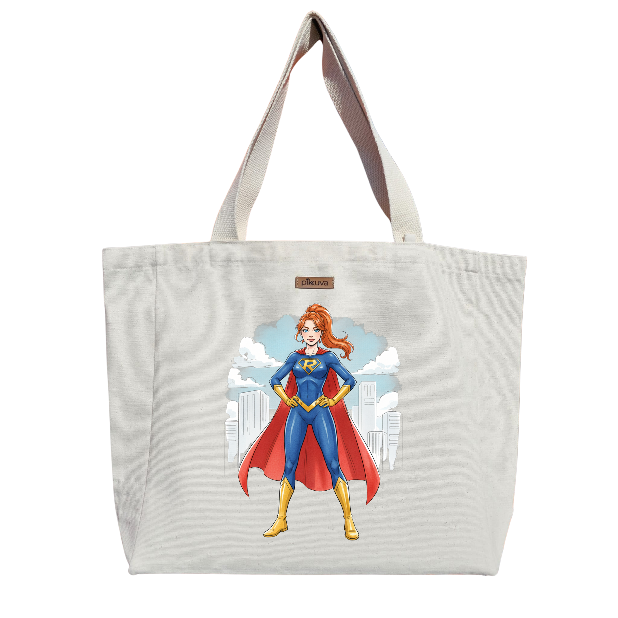 Kahraman Kadın Şehirde Güç Heroine Power in the City Baskılı Naturel Kanvas Bez Çanta Sap Beyaz Cırt Cırtlı Suluk Tutuculu — 20x24