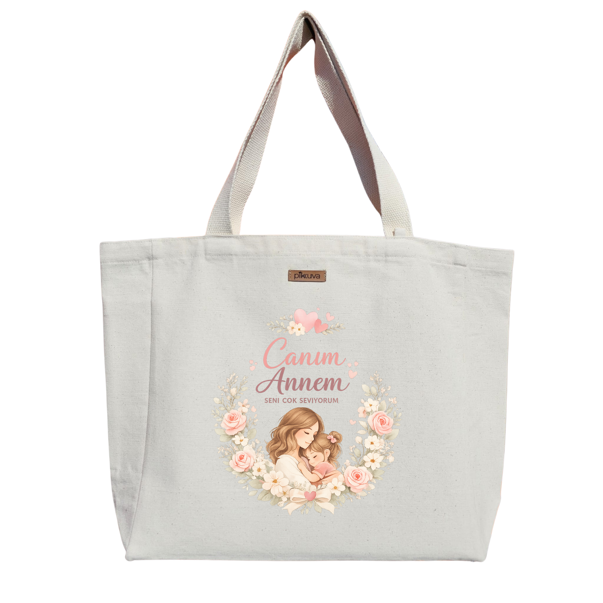 Natural Canvas Tote Bag, Natural Handle, White Velcro, Water Bottle Holder — 20x24