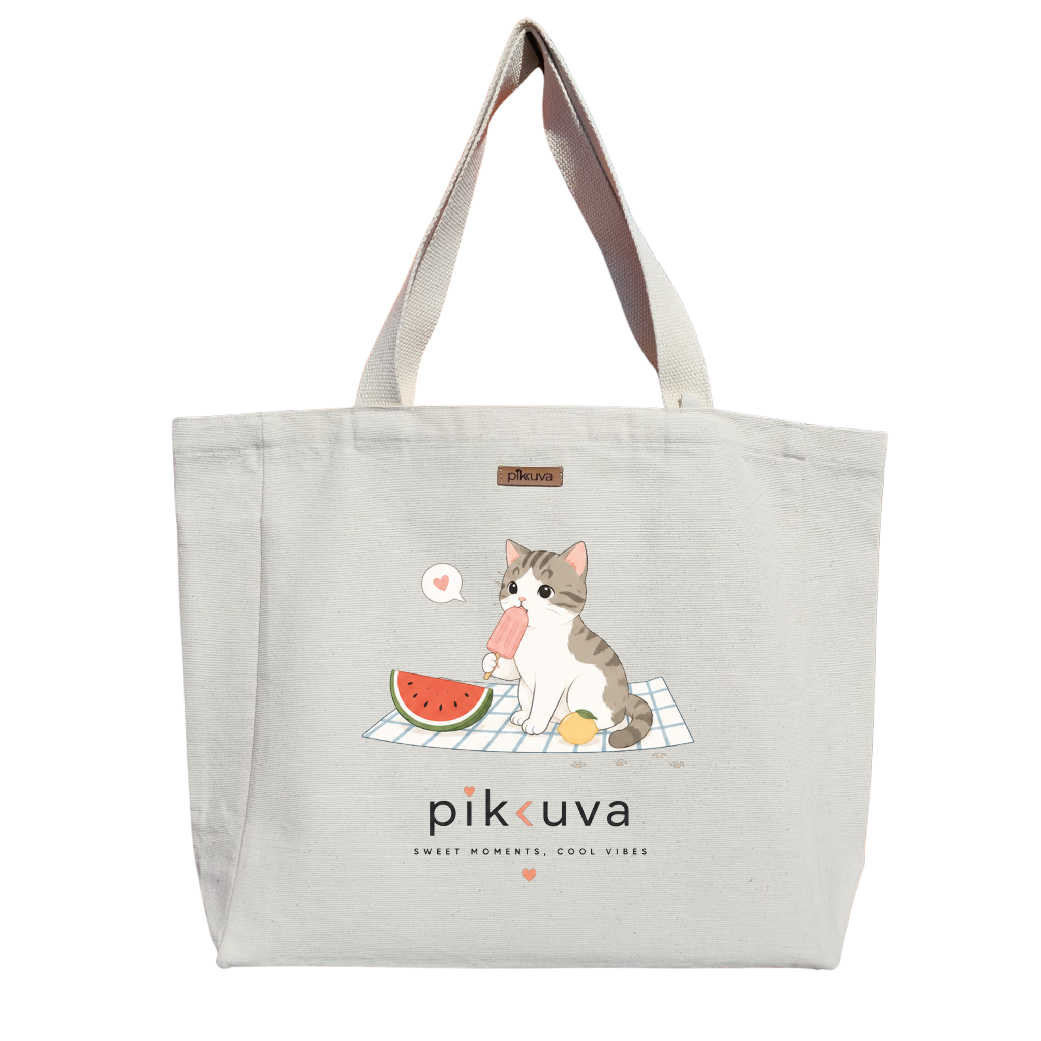 Sevimli Kedi ve Yaz İçeceği Sweet Moments Baskılıı Naturel Kanvas Bez Çanta Sap Beyaz Cırt Cırtlı Suluk Tutuculu — 20x24