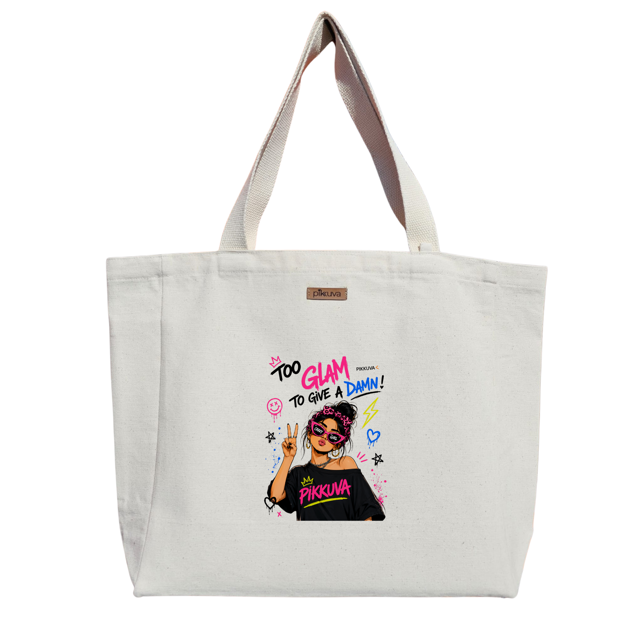 Glamour Dolu Crazy Kız DAMN Baskılı Naturel Kanvas Bez Çanta Sap Beyaz Cırt Cırtlı Suluk Tutuculu — 12x20