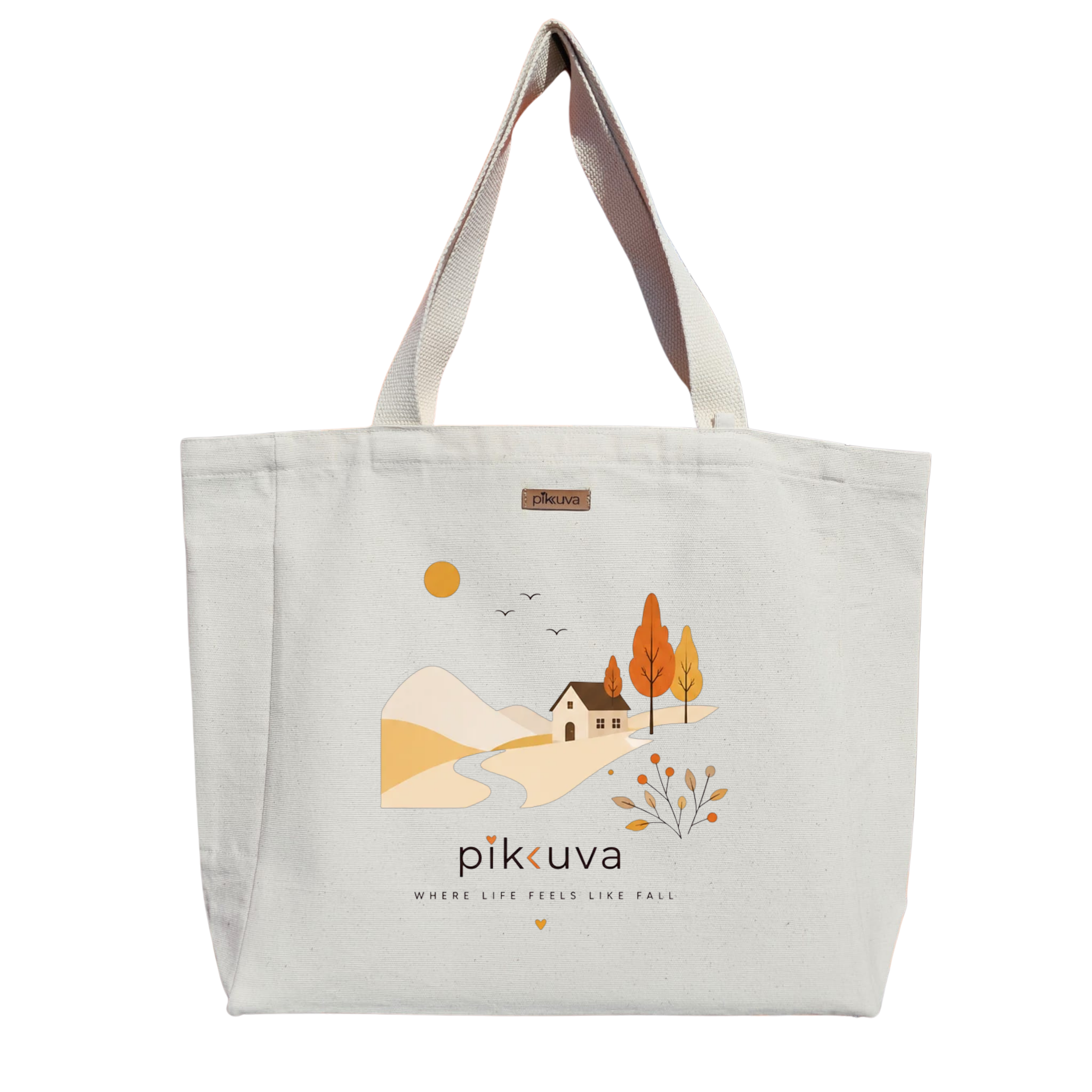 Natural Canvas Tote Bag, Natural Handle, White Velcro, Water Bottle Holder — 20x24