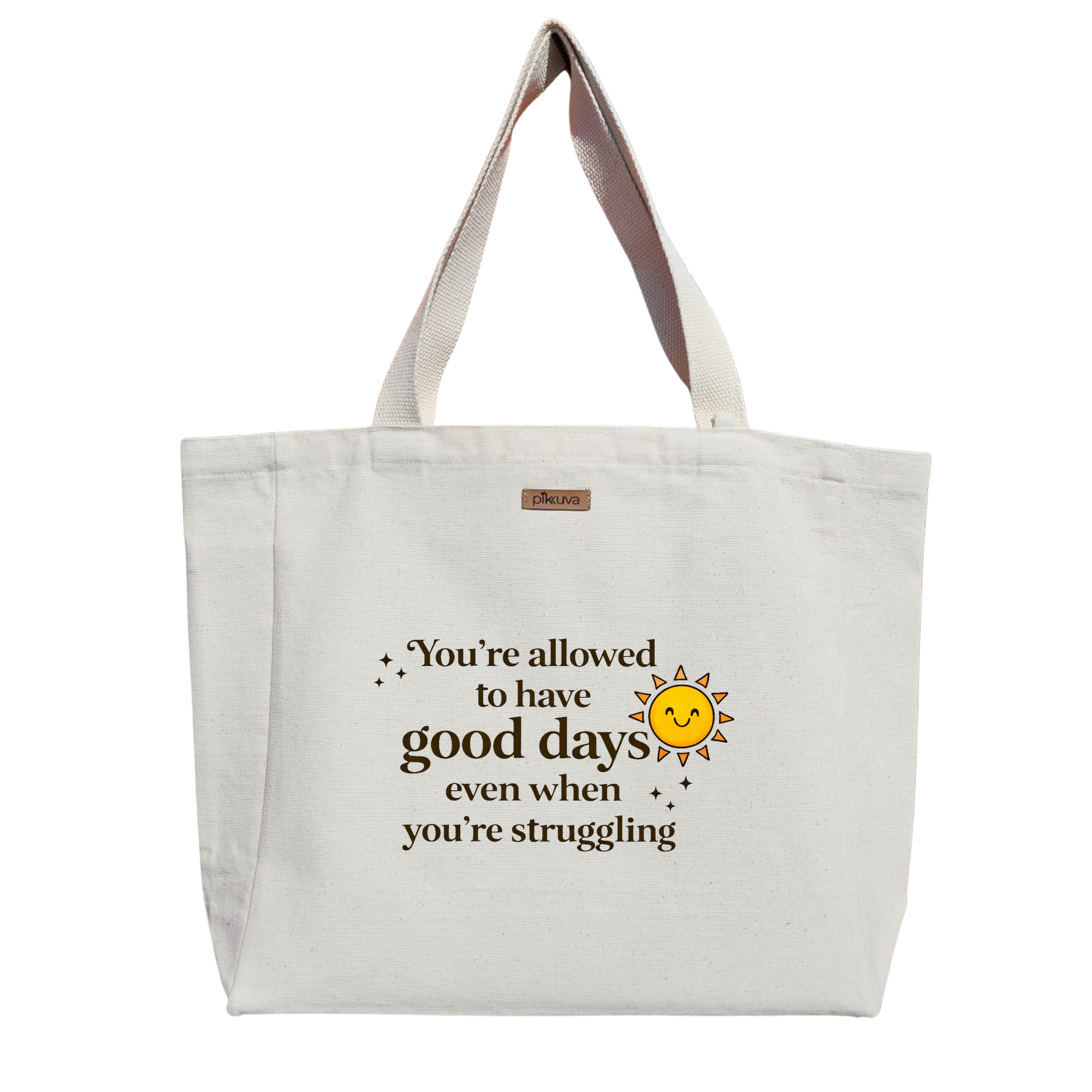 Natural Canvas Tote Bag, Natural Handle, White Velcro, Water Bottle Holder — 20x24