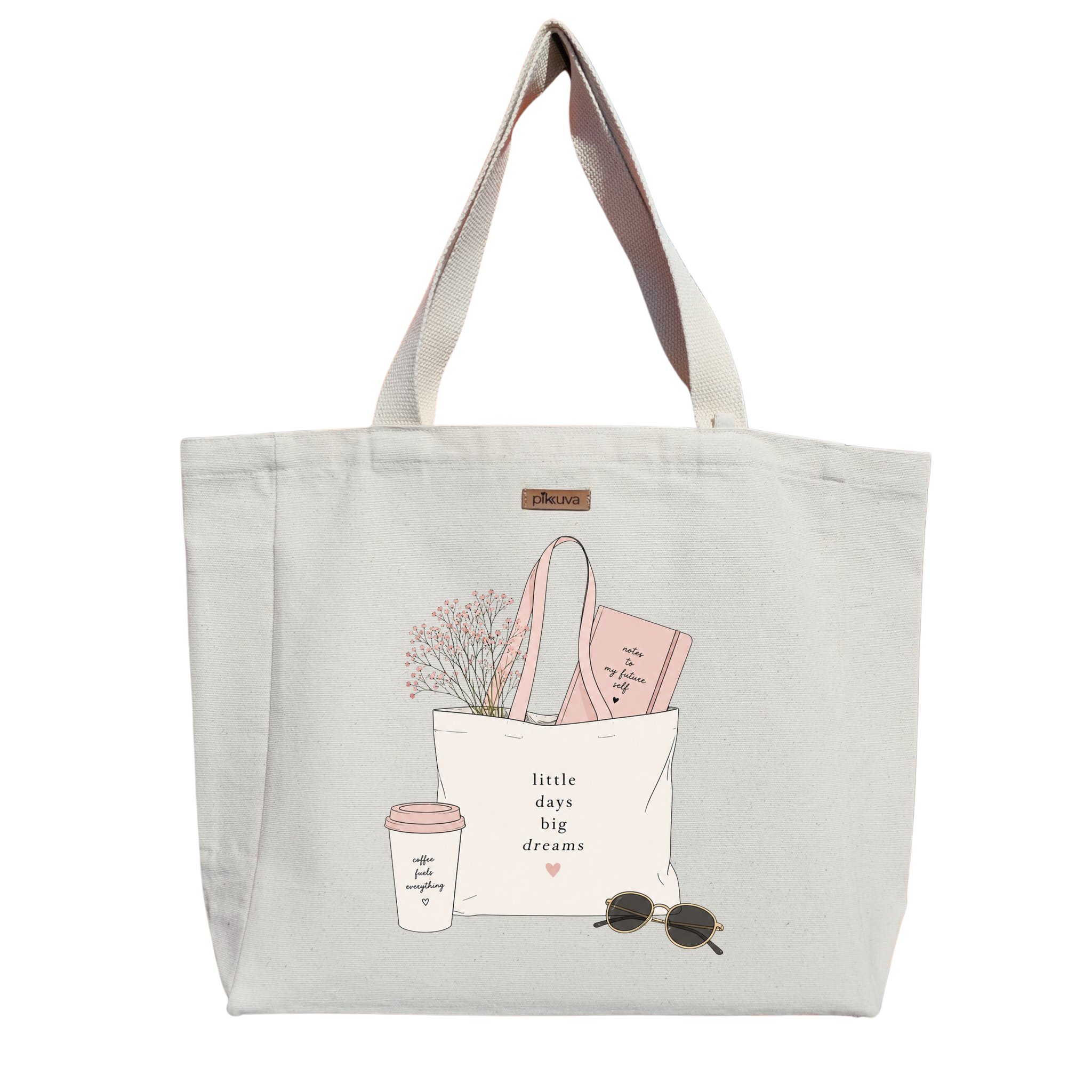 Küçük Günler Büyük Hayaller Tote Çantası little days big dreams Baskılı Naturel Kanvas Bez Çanta Sap Beyaz Cırt Cırtlı Suluk Tutuculu — 20x24