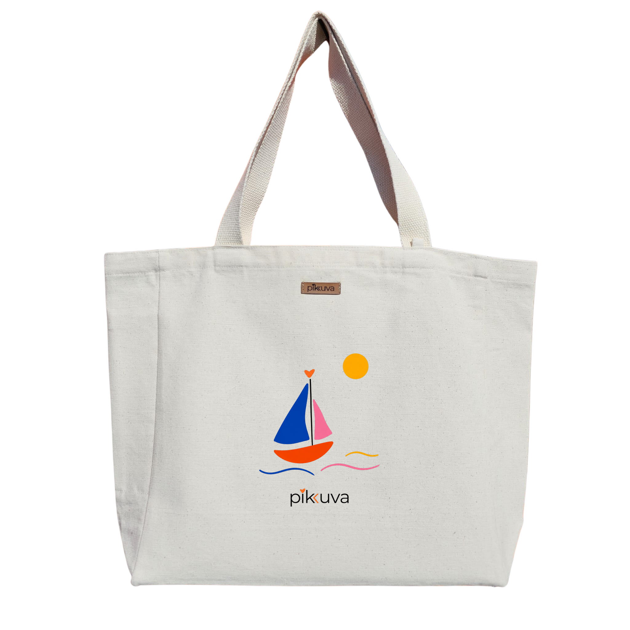 Renkli Yelkenli Bot ve Güneş Colorful sailboat and sun Baskılı Naturel Kanvas Bez Çanta Sap Beyaz Cırt Cırtlı Suluk Tutuculu — 12x20