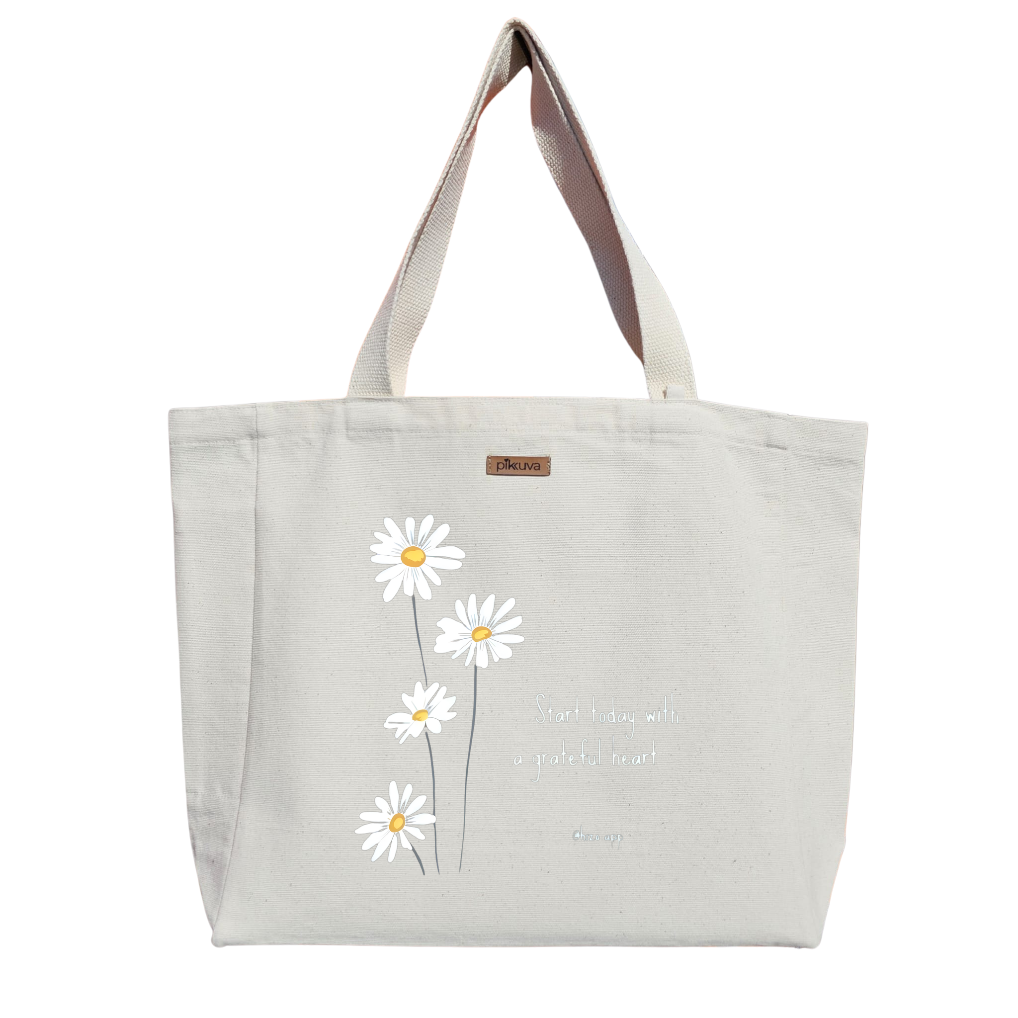 Natural Canvas Tote Bag, Natural Handle, White Velcro, Water Bottle Holder — 20x24