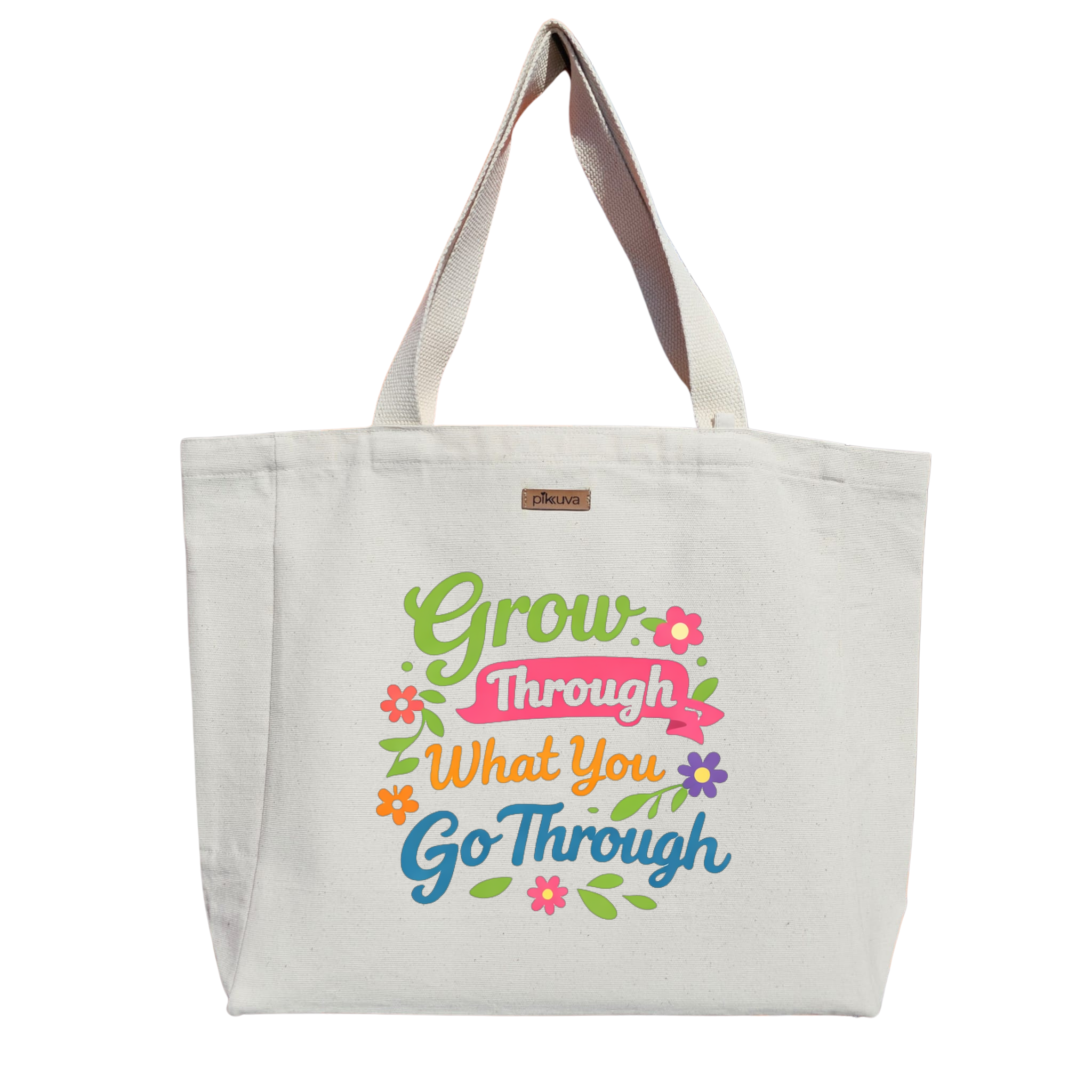 Natural Canvas Tote Bag, Natural Handle, White Velcro, Water Bottle Holder — 24x20