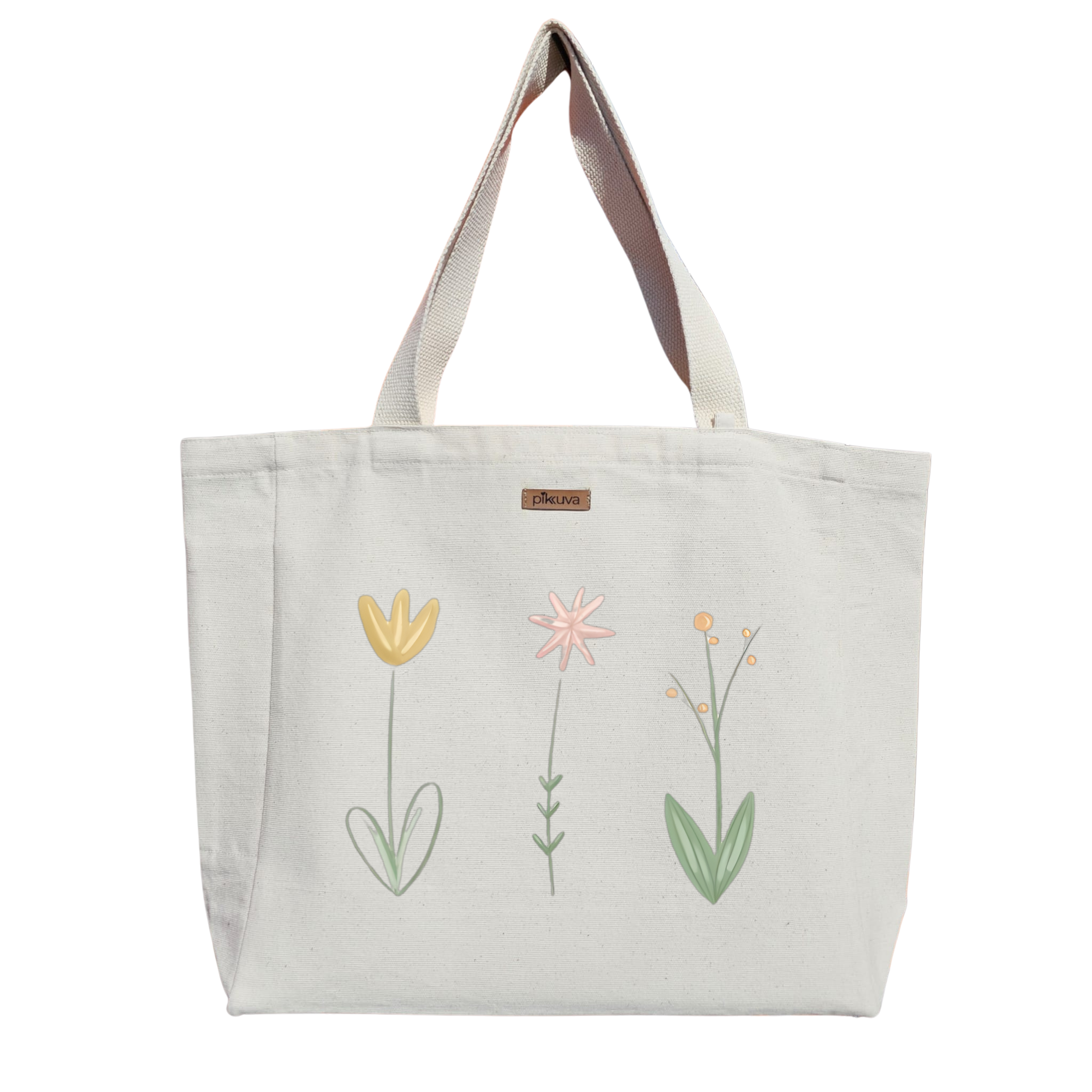 Natural Canvas Tote Bag, Natural Handle, White Velcro, Water Bottle Holder — 24x20