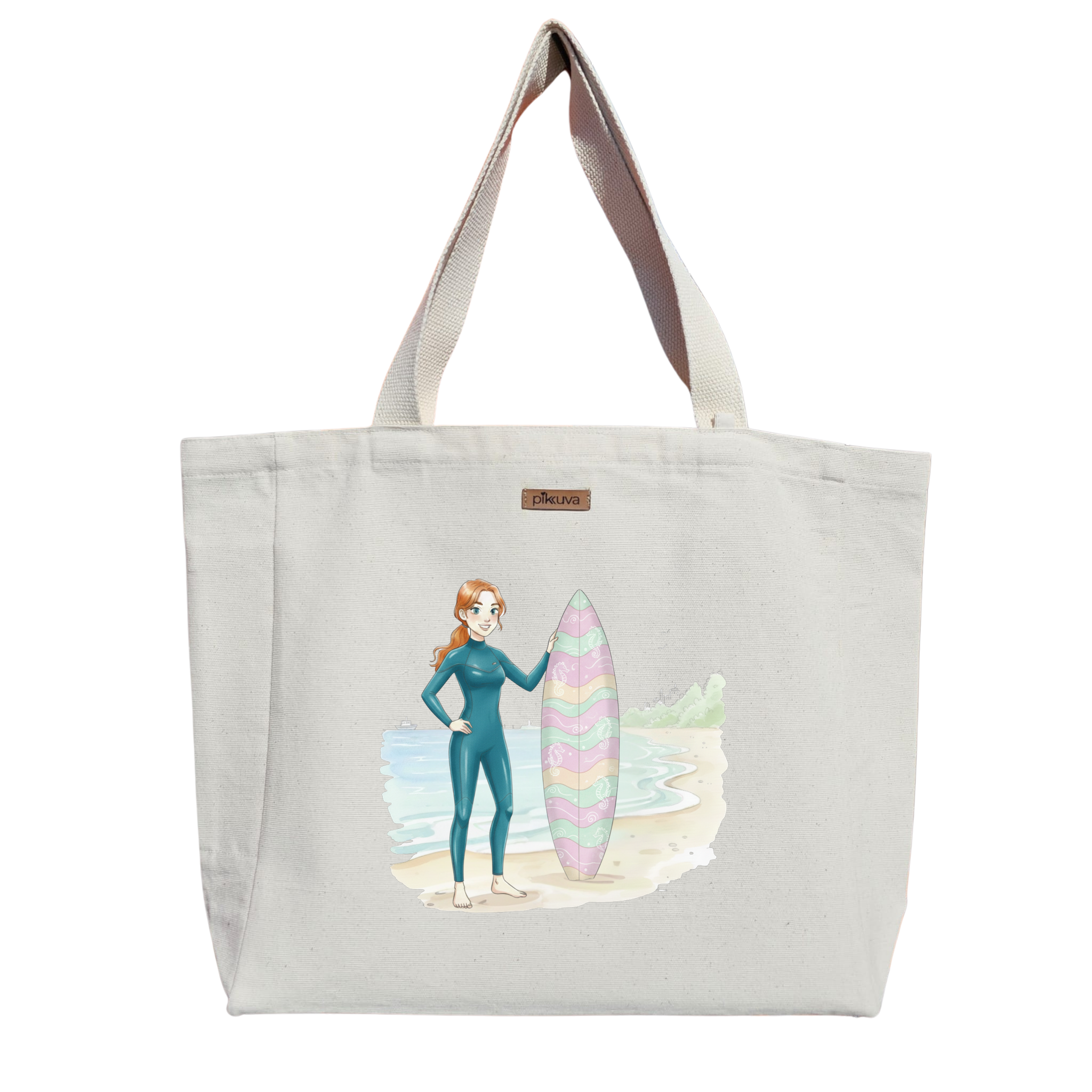 Natural Canvas Tote Bag, Natural Handle, White Velcro, Water Bottle Holder — 20x24
