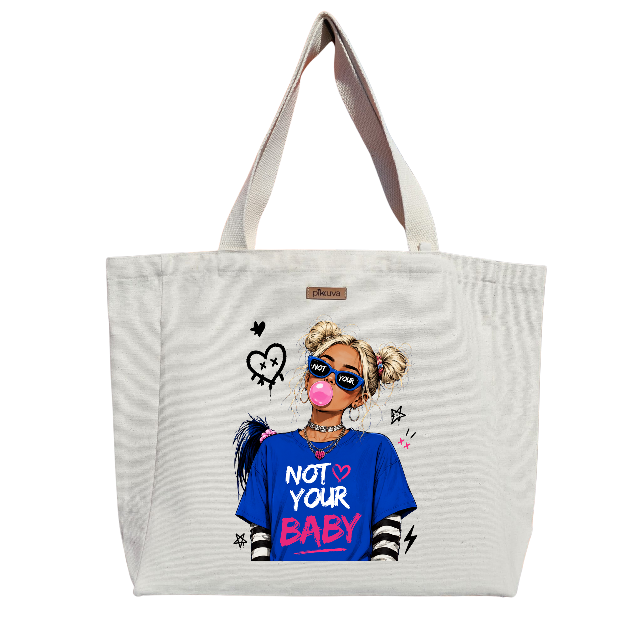 Natural Canvas Tote Bag, Natural Handle, White Velcro, Water Bottle Holder — 20x24