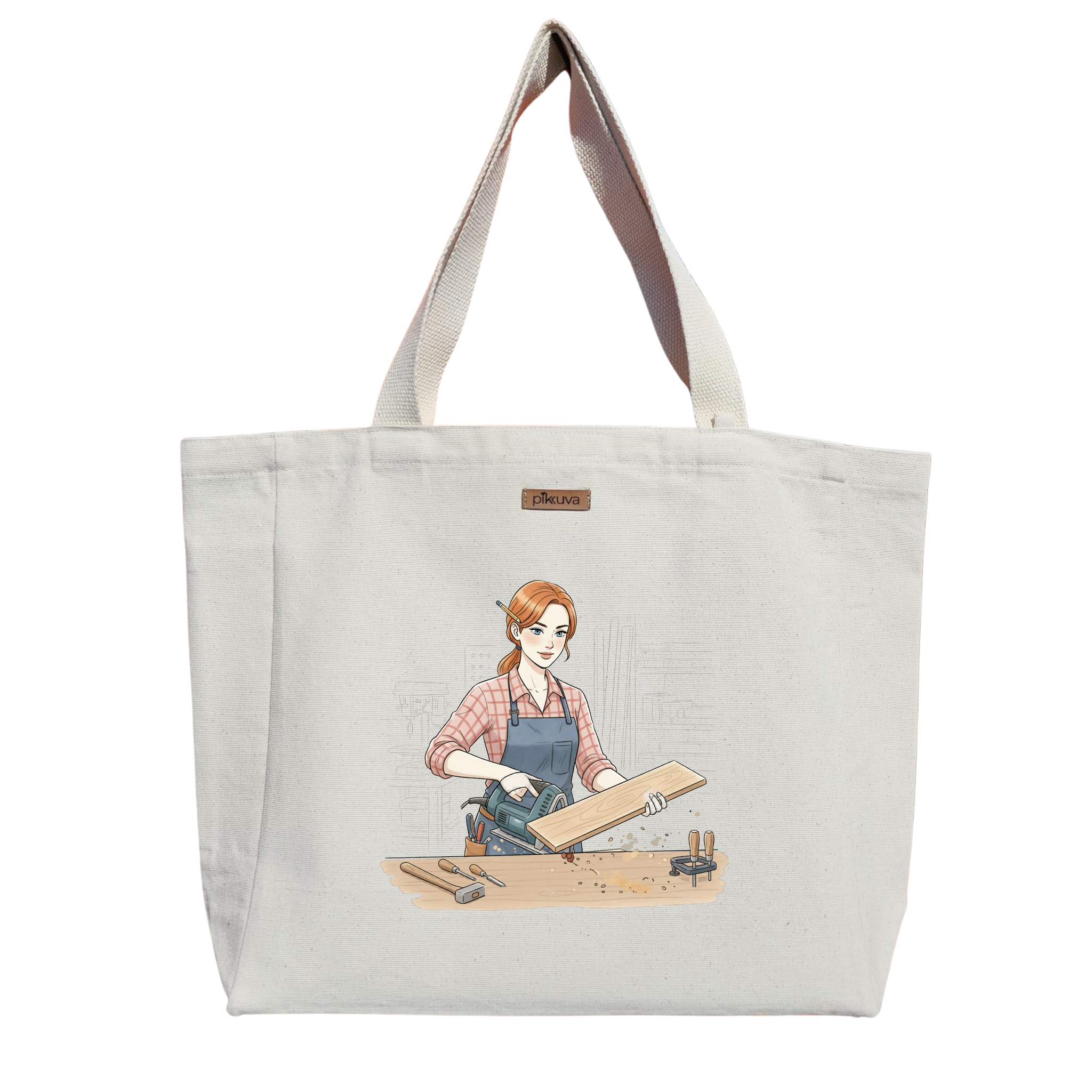Natural Canvas Tote Bag, Natural Handle, White Velcro, Water Bottle Holder — 20x24
