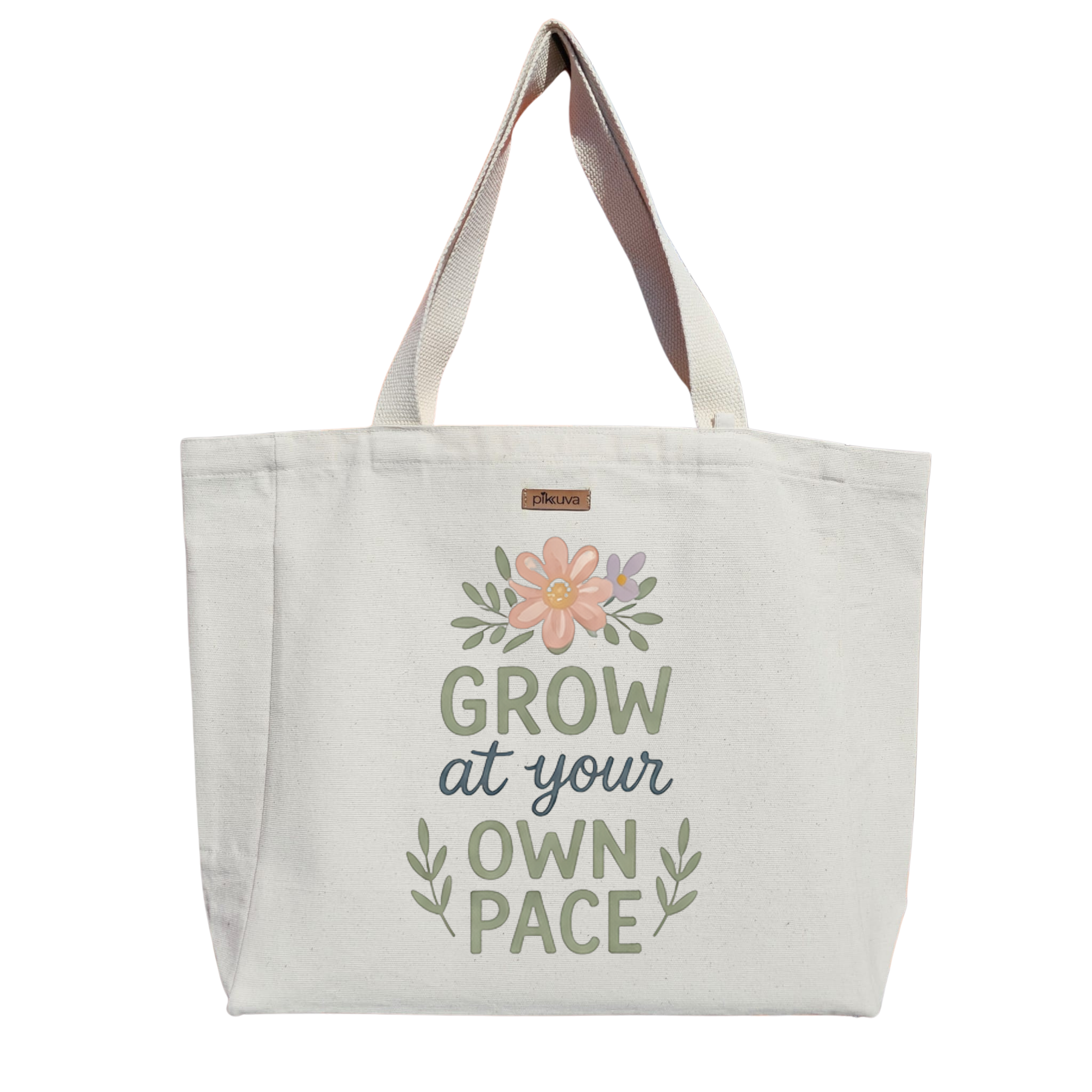 Natural Canvas Tote Bag, Natural Handle, White Velcro, Water Bottle Holder