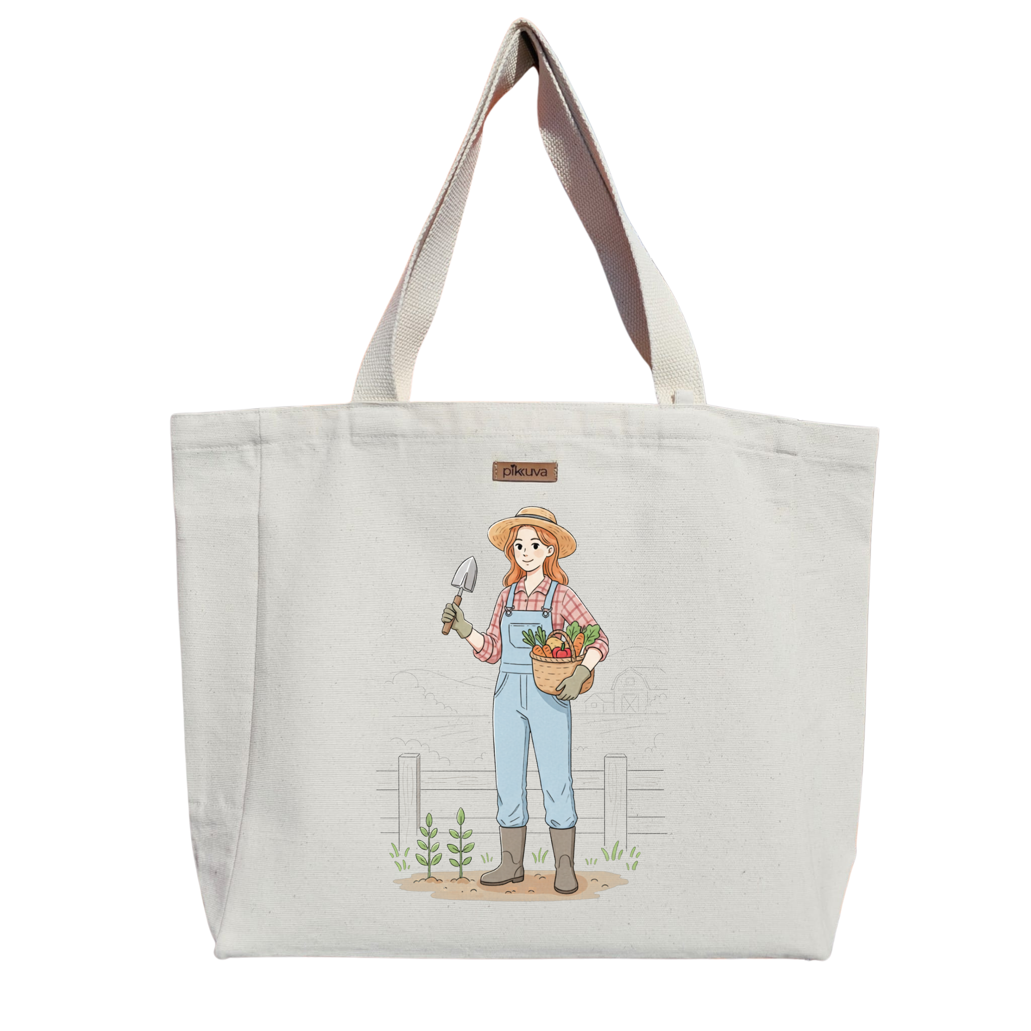 Natural Canvas Tote Bag, Natural Handle, White Velcro, Water Bottle Holder — 20x24