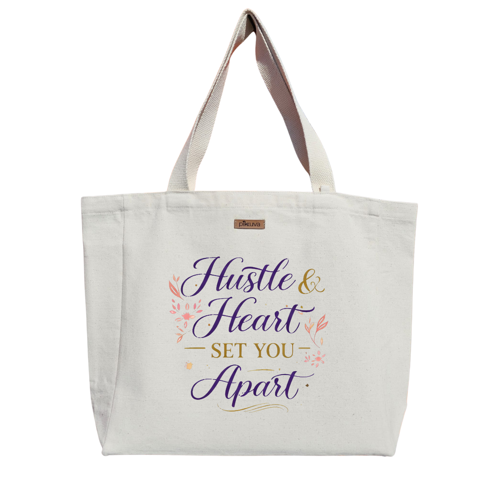 Natural Canvas Tote Bag, Natural Handle, White Velcro, Water Bottle Holder — 24x20