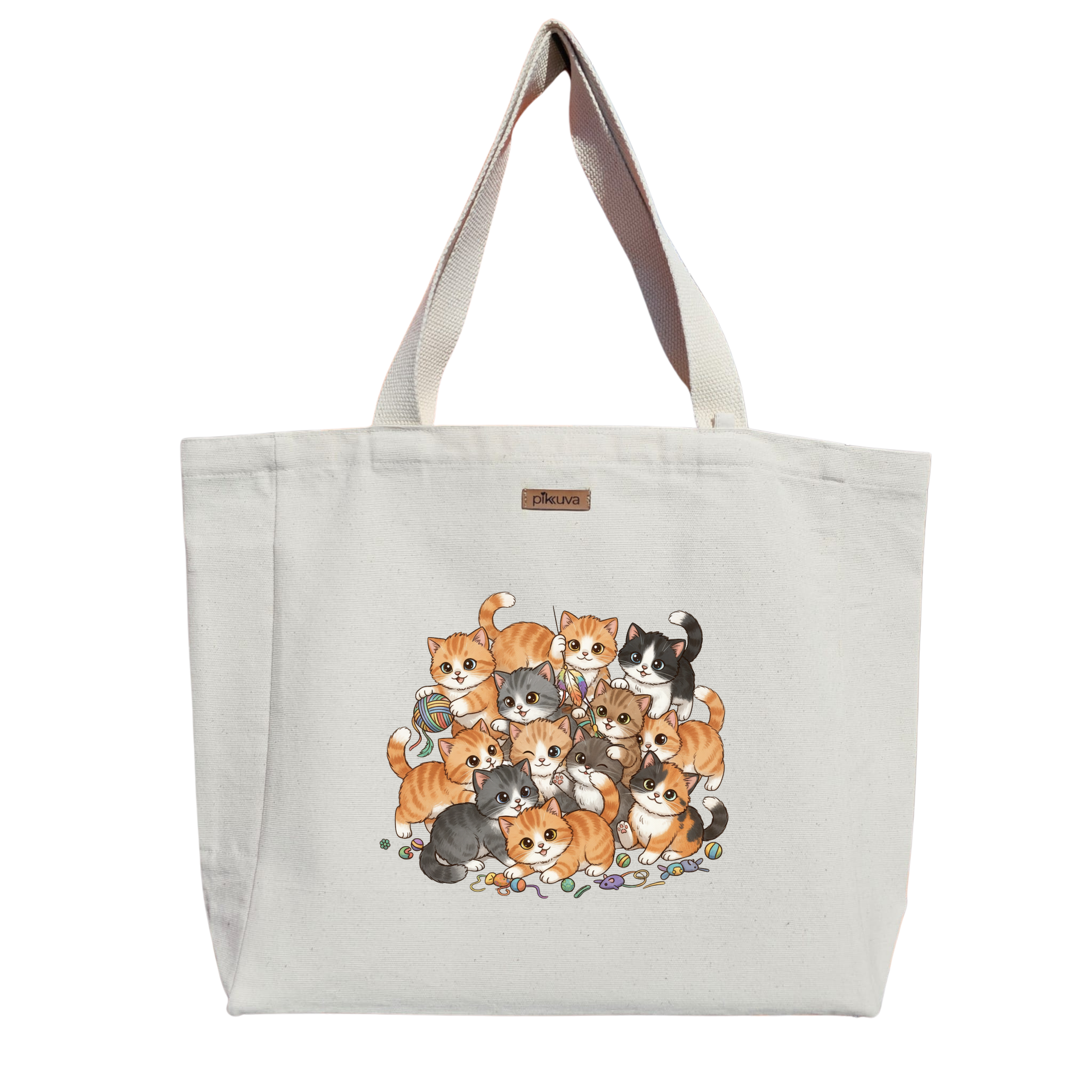 Sevimli Kedi Yumağı Cute cat bundle Baskılı Naturel Kanvas Bez Çanta Sap Beyaz Cırt Cırtlı Suluk Tutuculu — 20x24