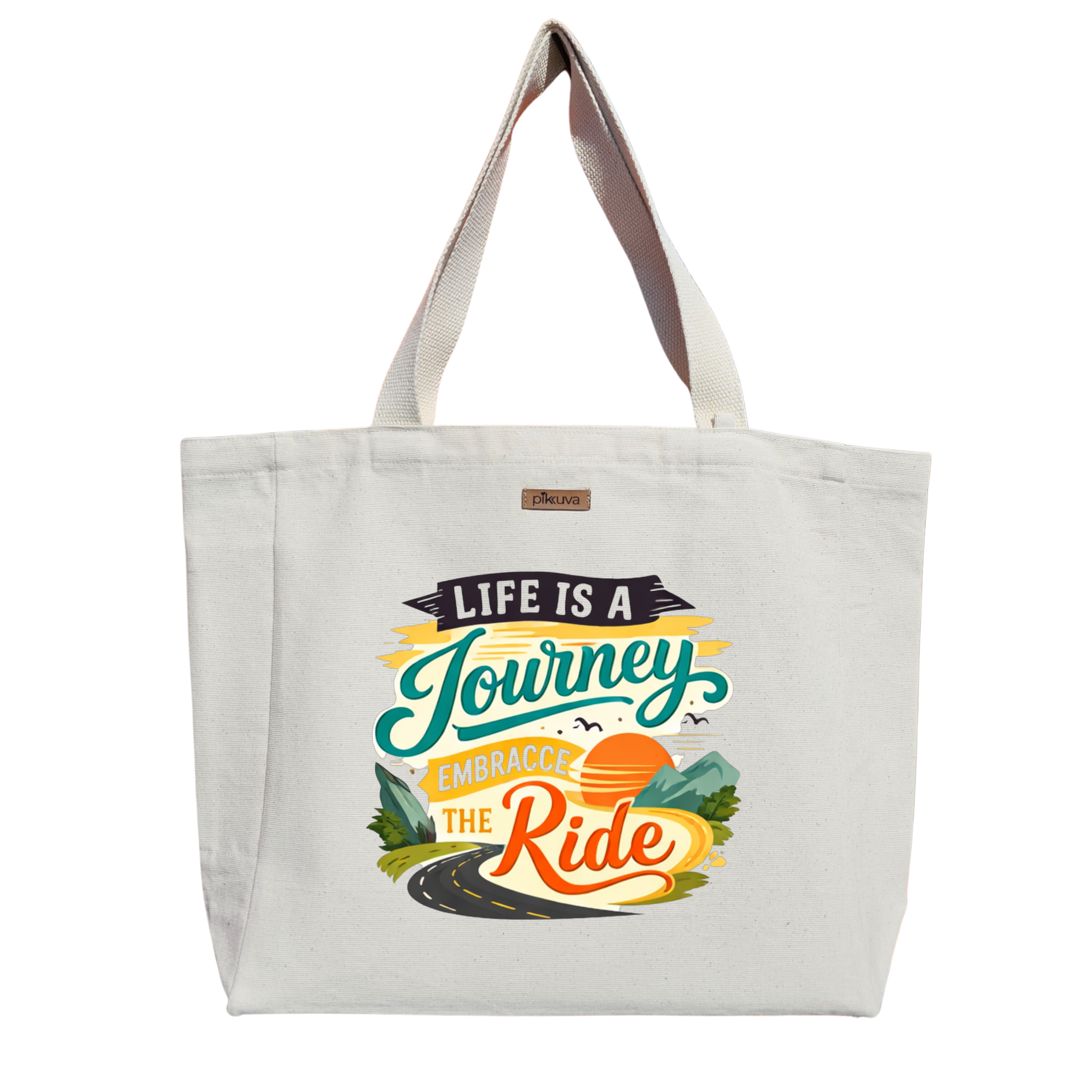 Natural Canvas Tote Bag, Natural Handle, White Velcro, Water Bottle Holder