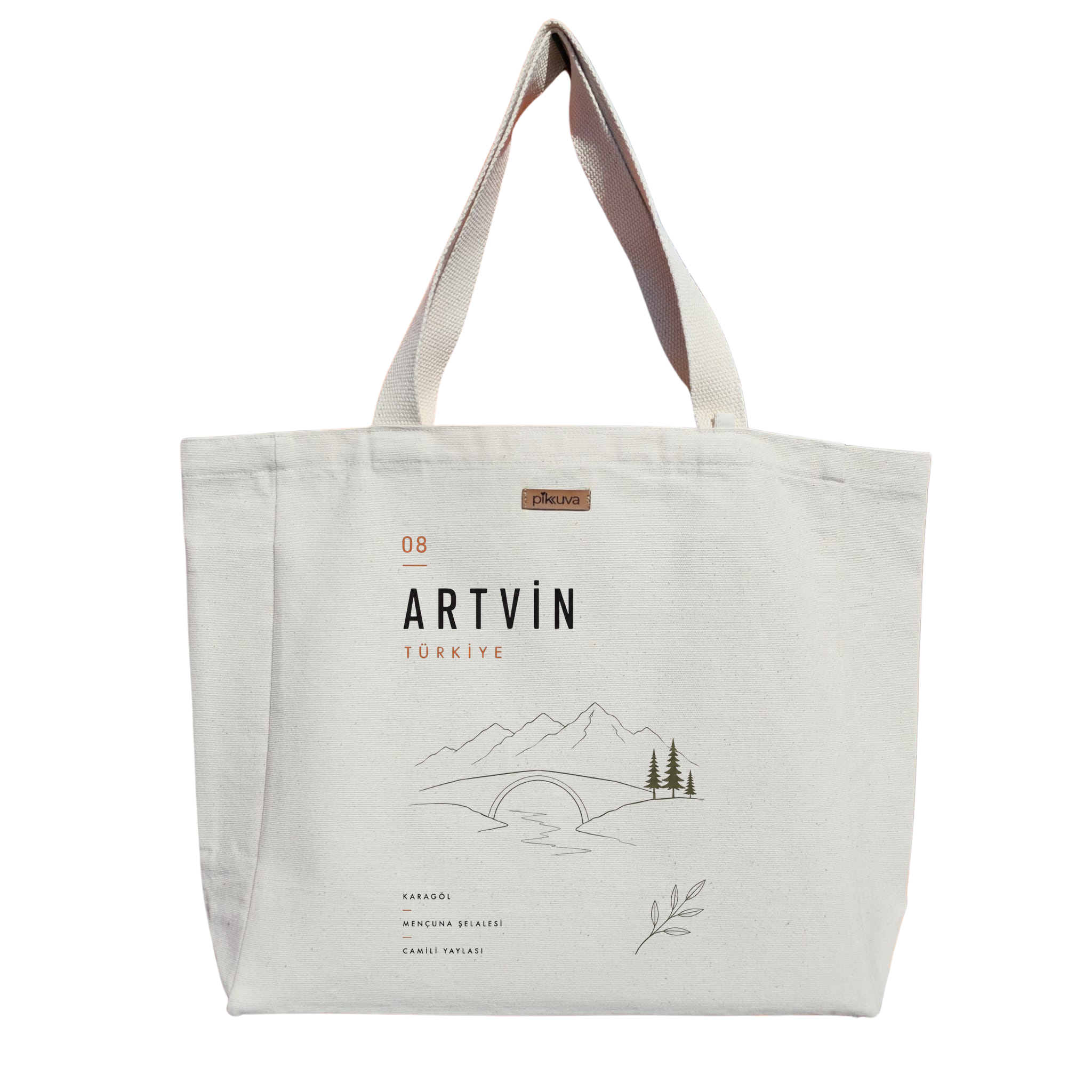 Natural Canvas Tote Bag, Natural Handle, White Velcro, Water Bottle Holder — 20x24
